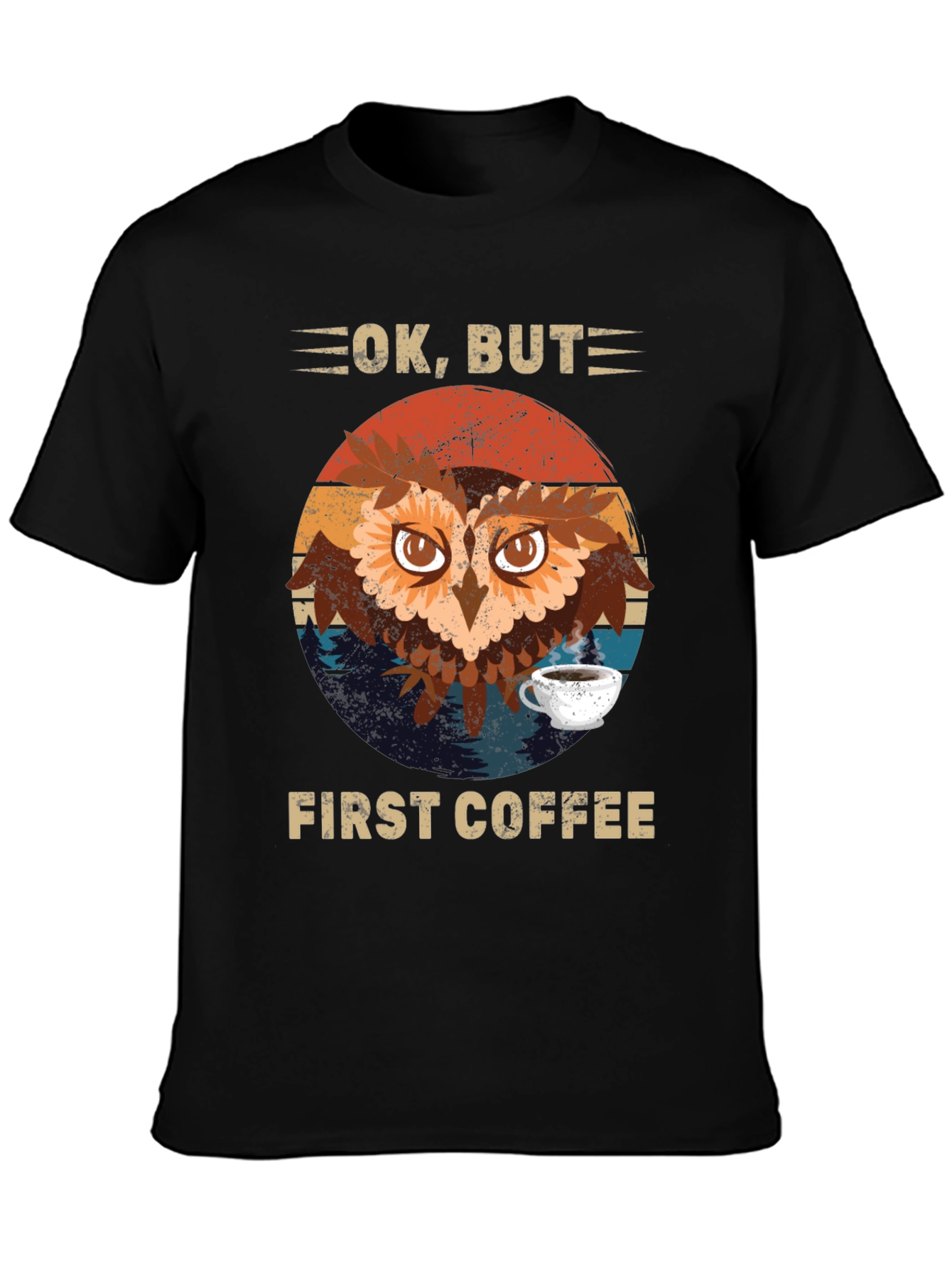 Black Ok, But First Coffee Owl T-Shirt view 3