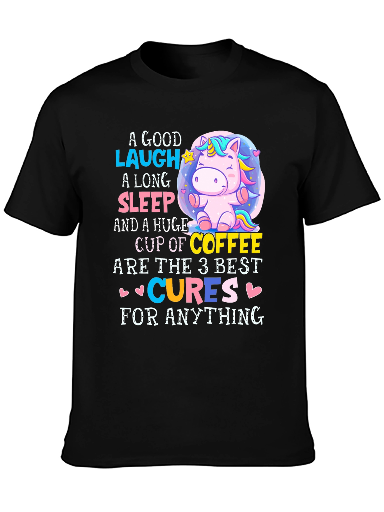 Black Funny Unicorn Coffee Cures T-Shirt view 3