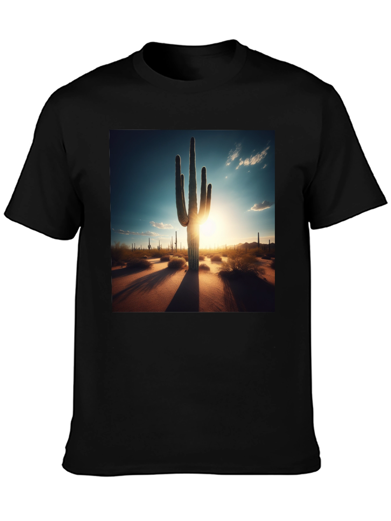 Black Desert Sunset Cactus Graphic Tee - Black Cotton T-Shirt view 3