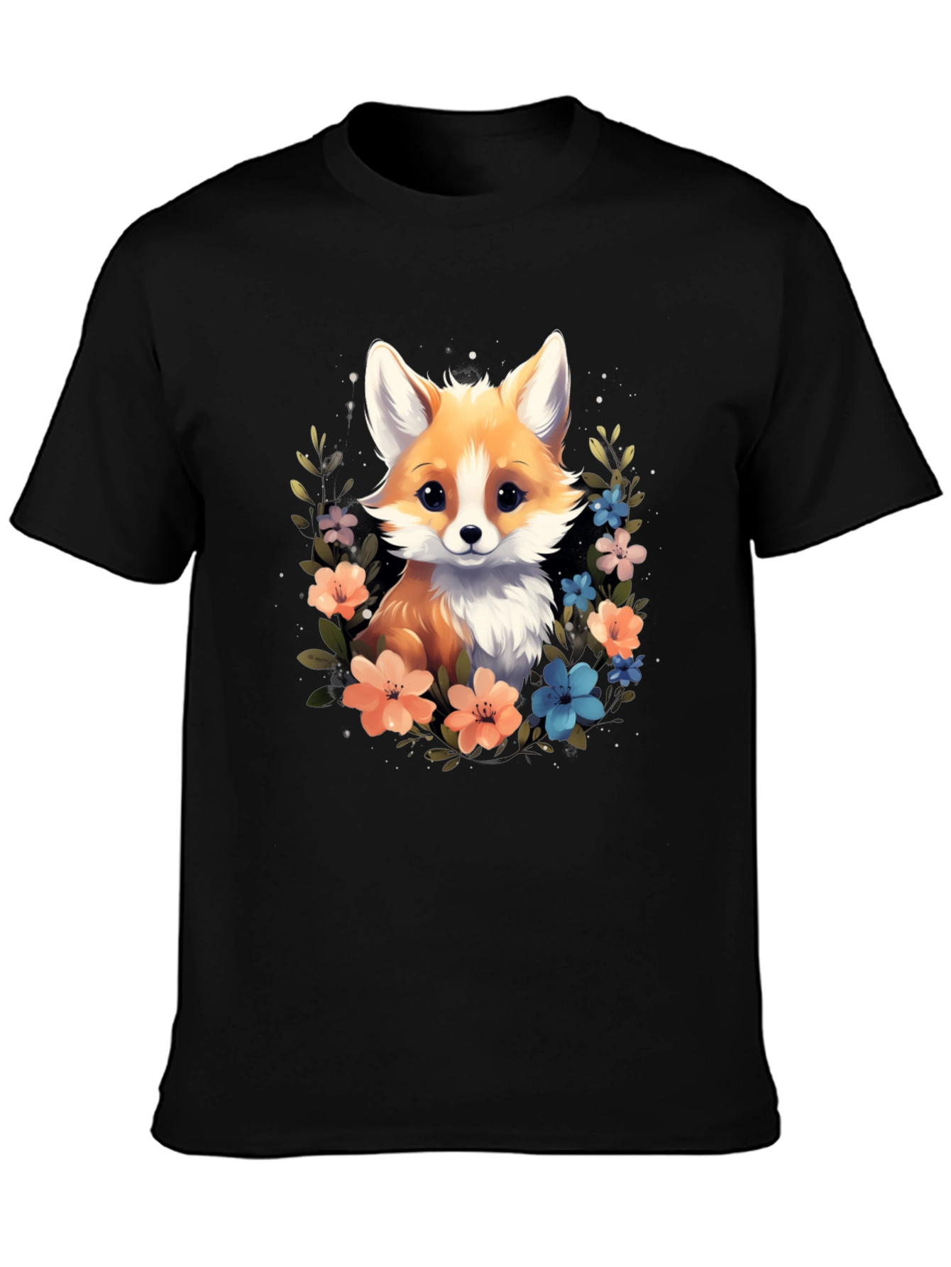 Black Cute Fox Floral Black T-Shirt view 3