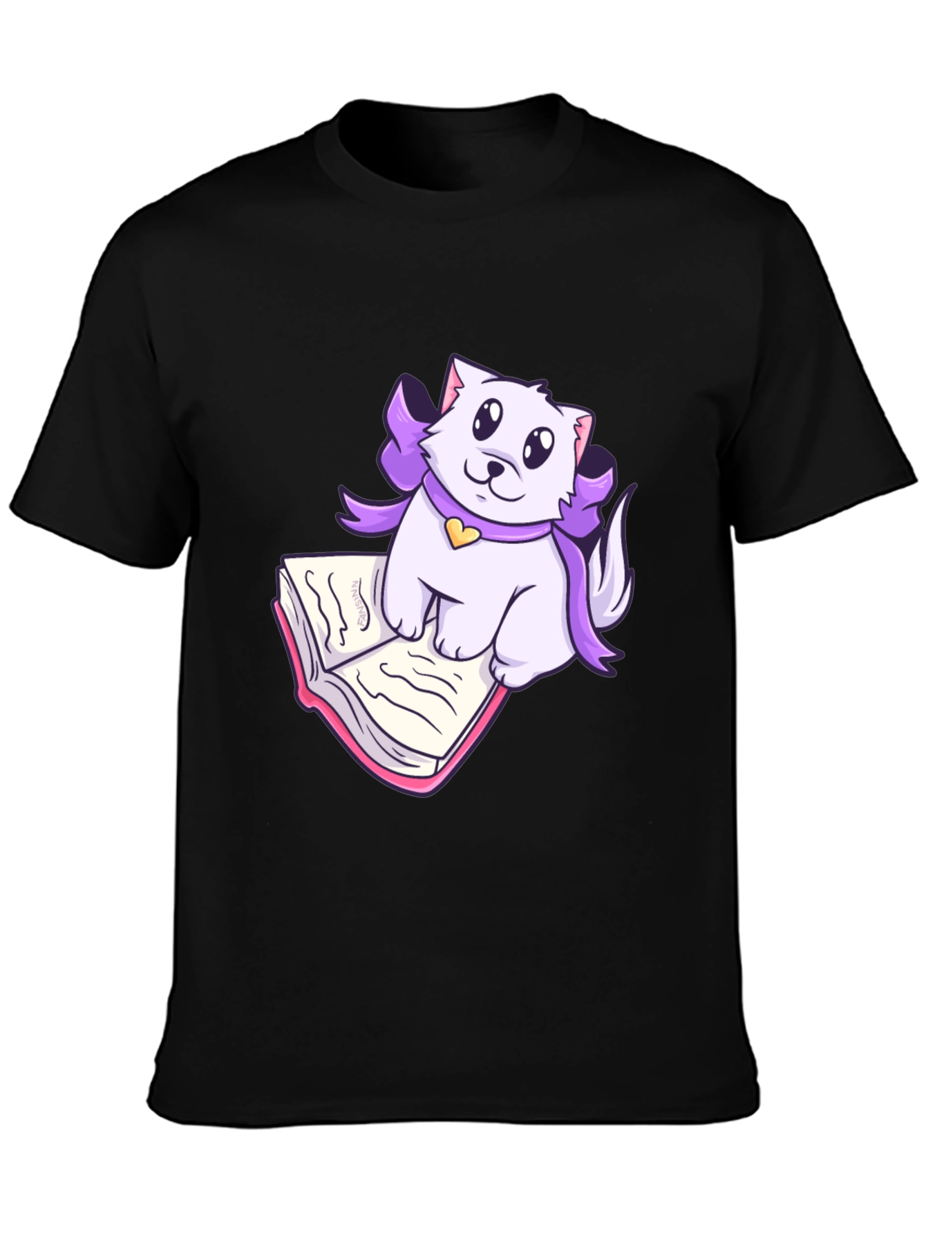 Black Cute Cat Reading T-Shirt - Soft Cotton Blend view 3