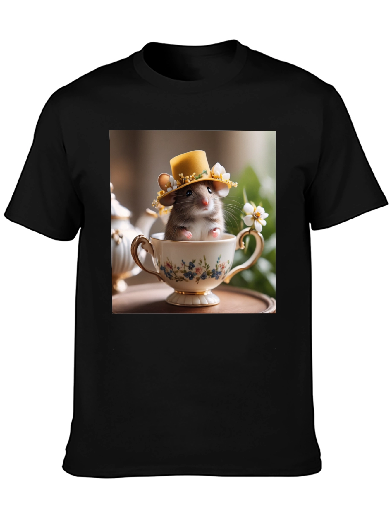 Black Cute Hamster in Teacup Graphic Tee view 3