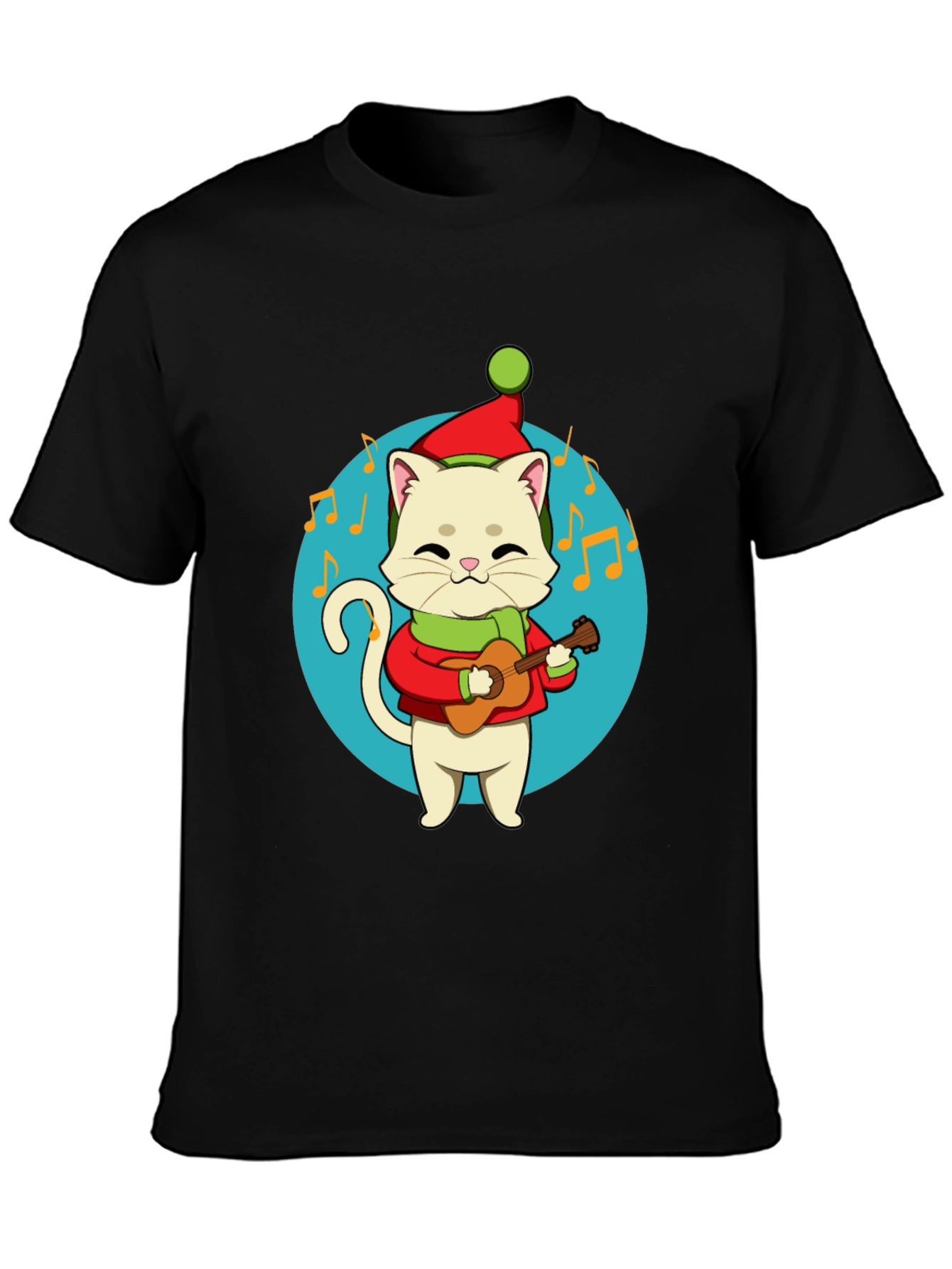 Black Festive Cat Guitarist Graphic Tee - Holiday Cheer! view 3