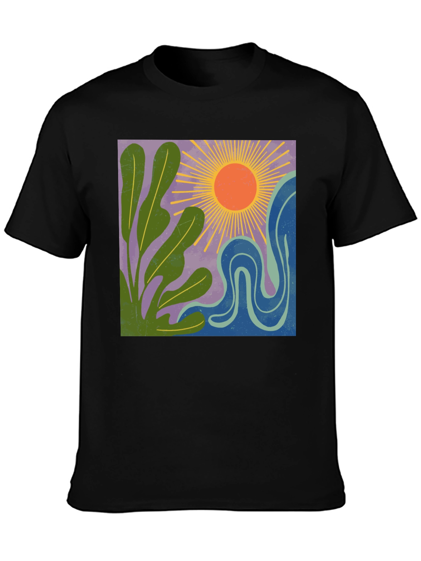 Black Abstract Sun & Plant Graphic Tee - Black Cotton Blend view 3