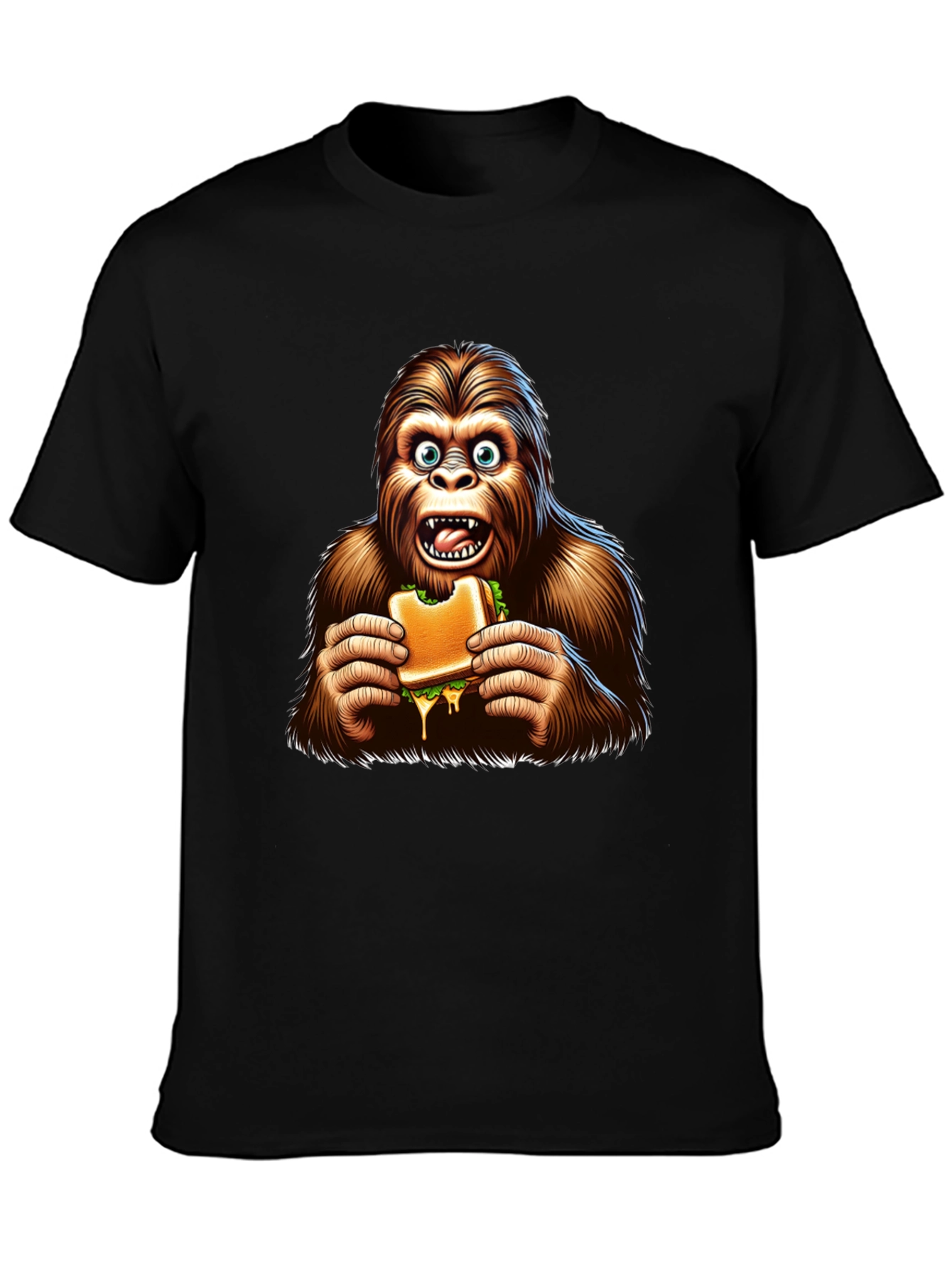 Black Bigfoot Eating Sandwich Funny Graphic Tee view 3