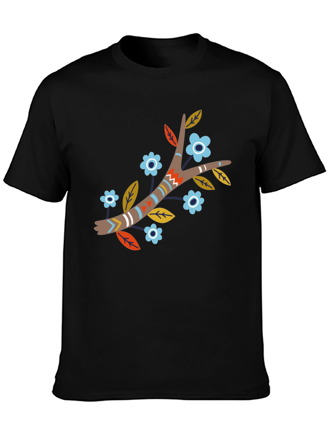 Black Boho Floral Branch Print Black T-Shirt view 3