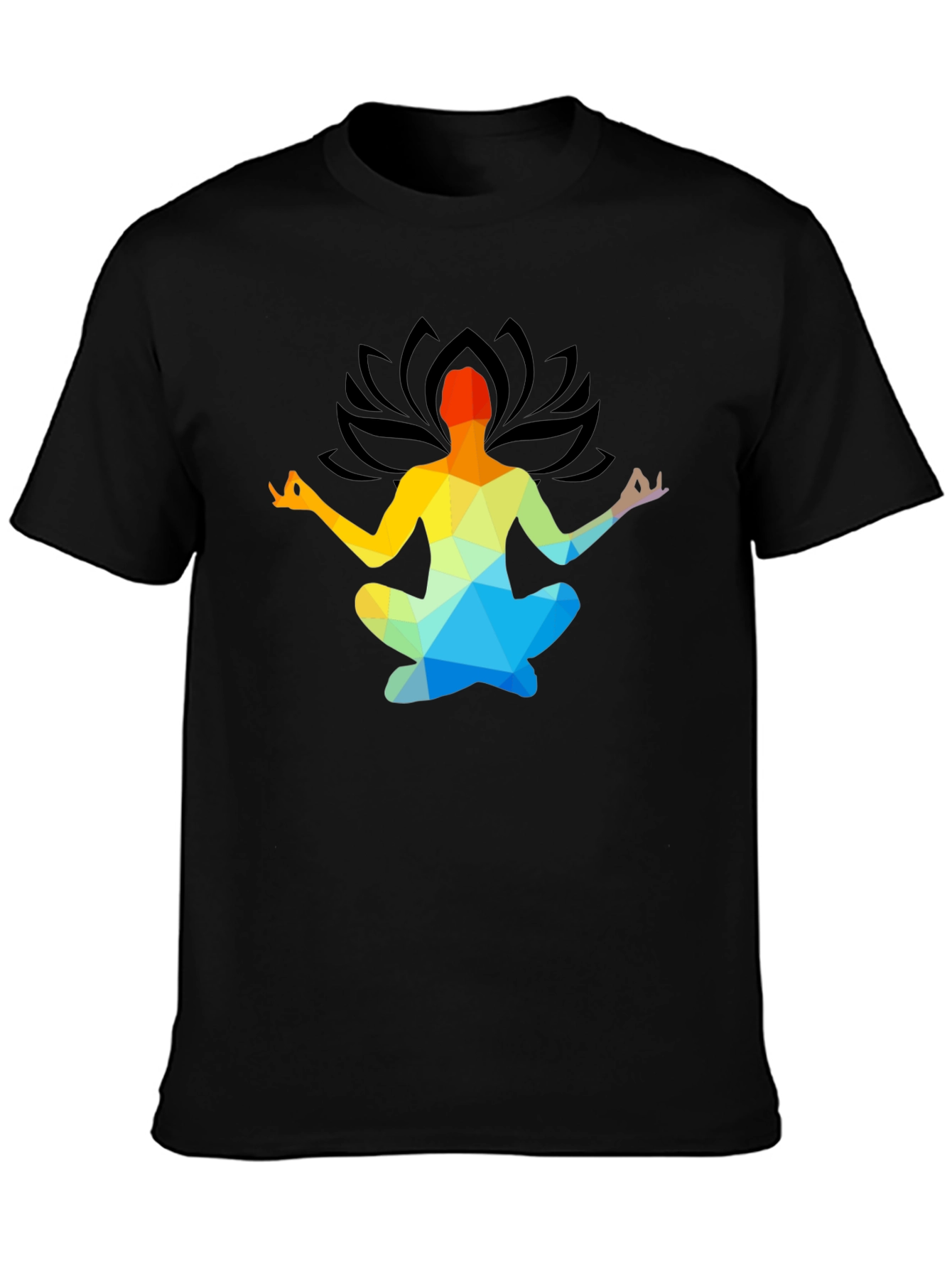 Black Meditative Geometric Lotus Pose T-Shirt view 3
