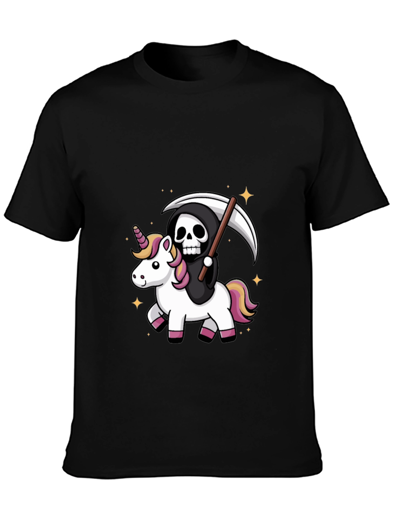 Black Grim Reaper Riding Unicorn T-Shirt view 3