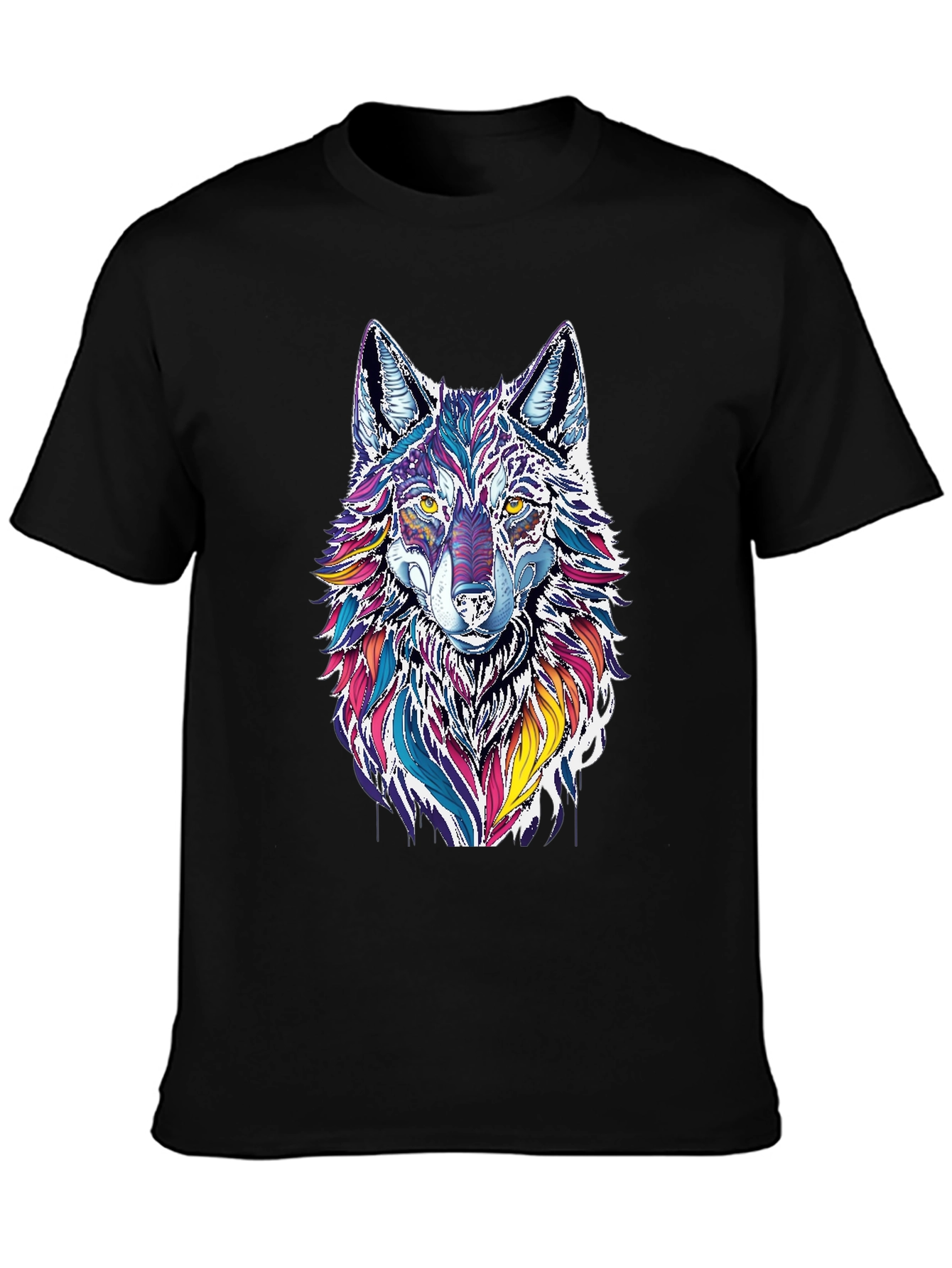 Black Vibrant Wolf Graphic Black T-Shirt view 3