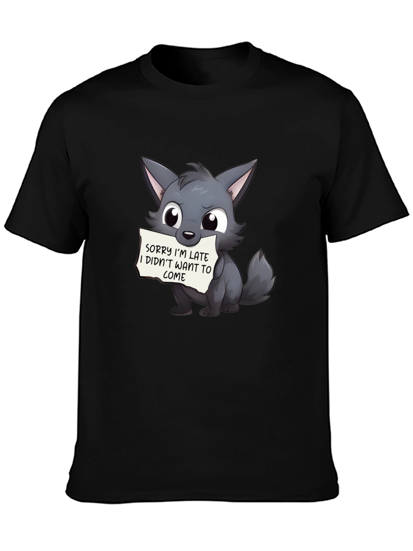 Black Cute Wolf Sorry I'm Late Black T-Shirt view 3