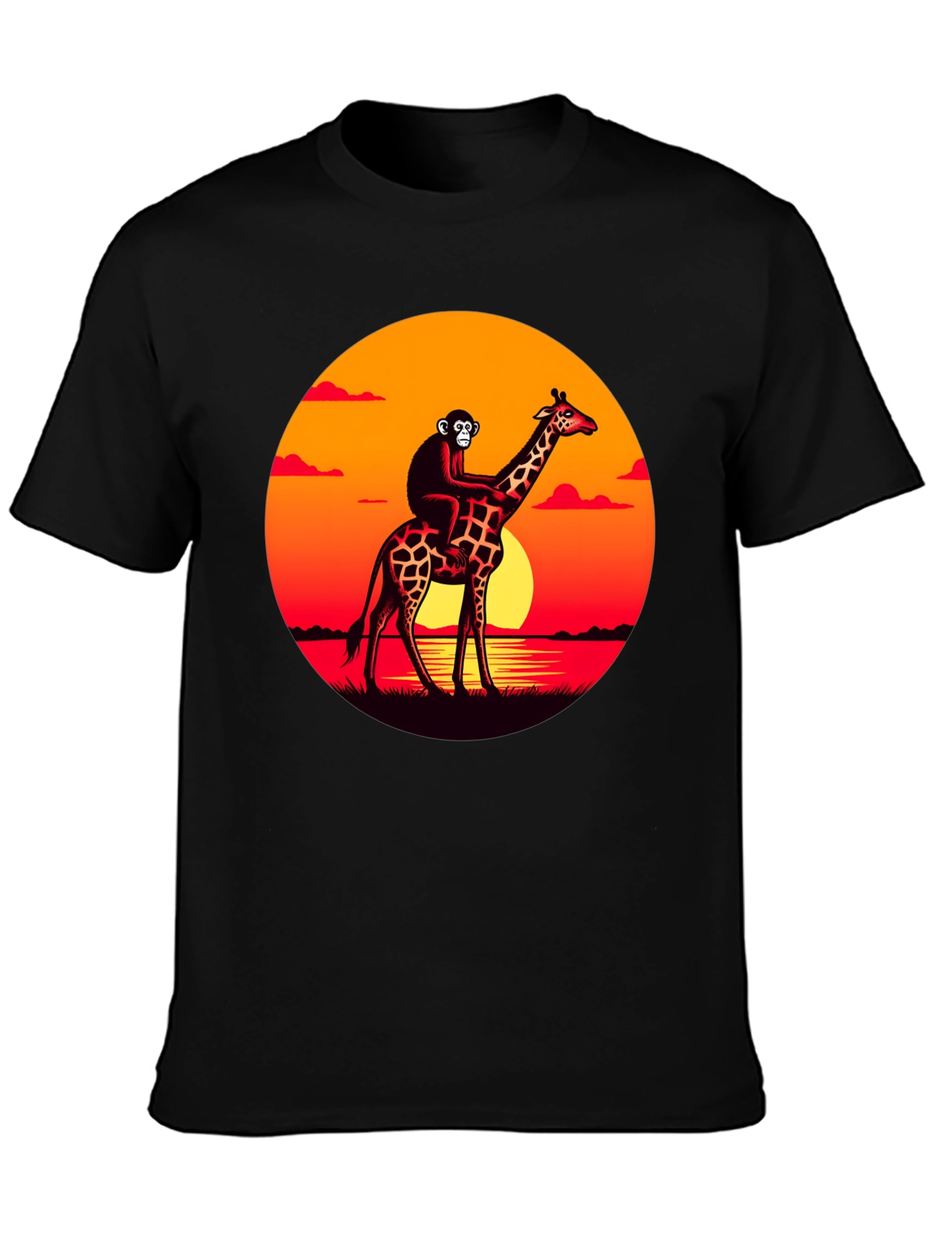 Black Monkey Riding Giraffe Sunset Graphic Tee view 3