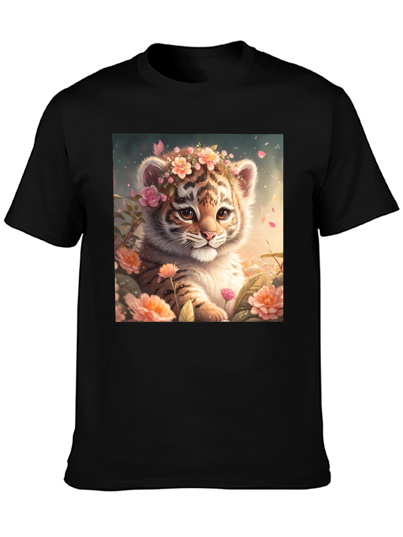 Black Cute Tiger Cub Floral T-Shirt view 3