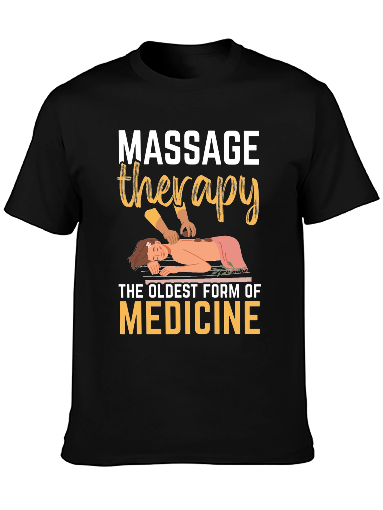 Black Massage Therapy T-Shirt: Oldest Medicine, Relaxing Design view 3