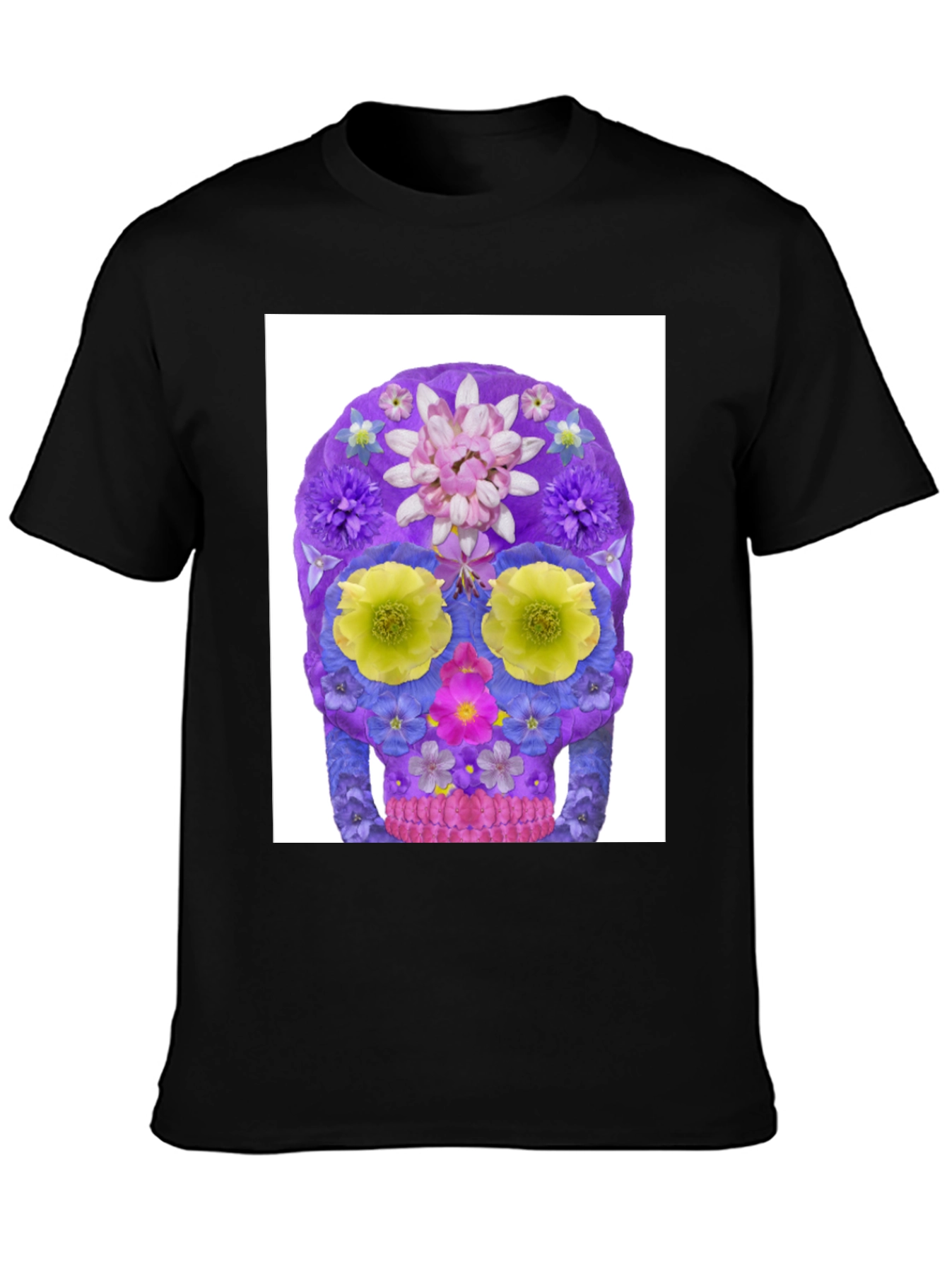 Black Floral Sugar Skull Graphic Tee - Black Cotton T-Shirt view 3