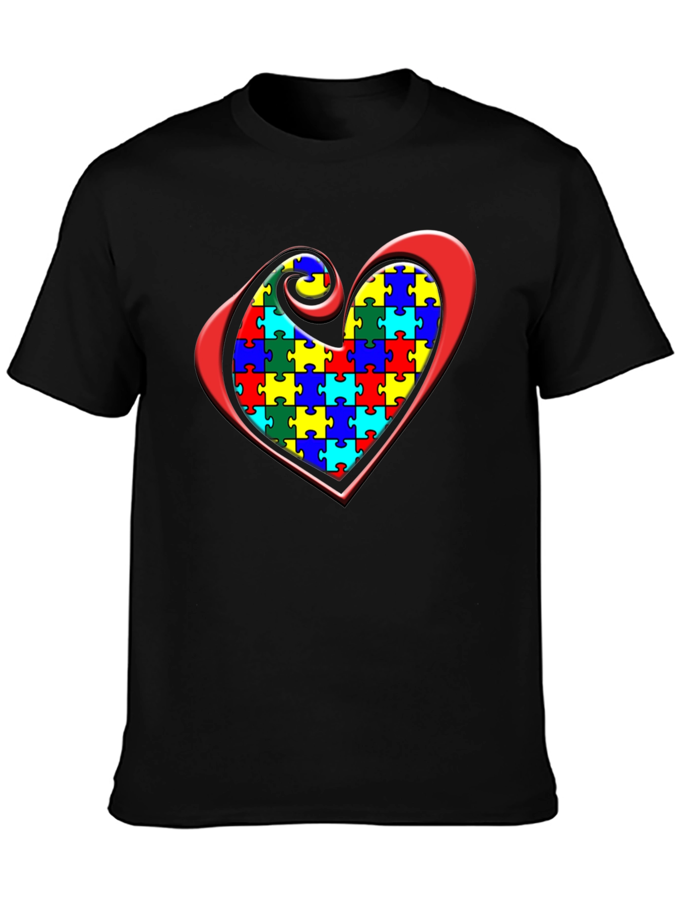 Black Autism Awareness Puzzle Heart Graphic Tee view 3