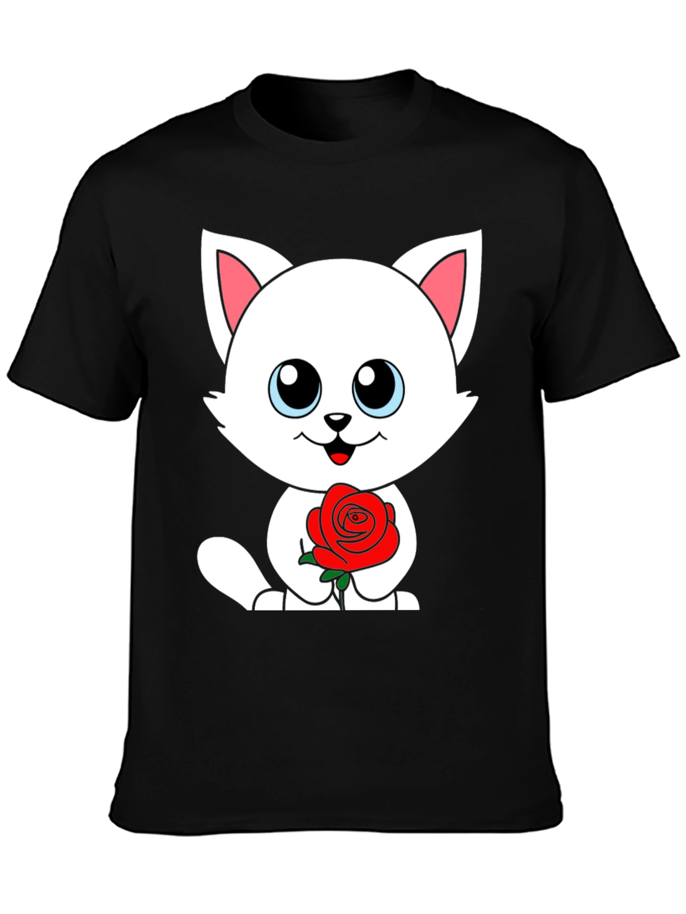 Black Cute Cat Rose Graphic Black T-Shirt view 3