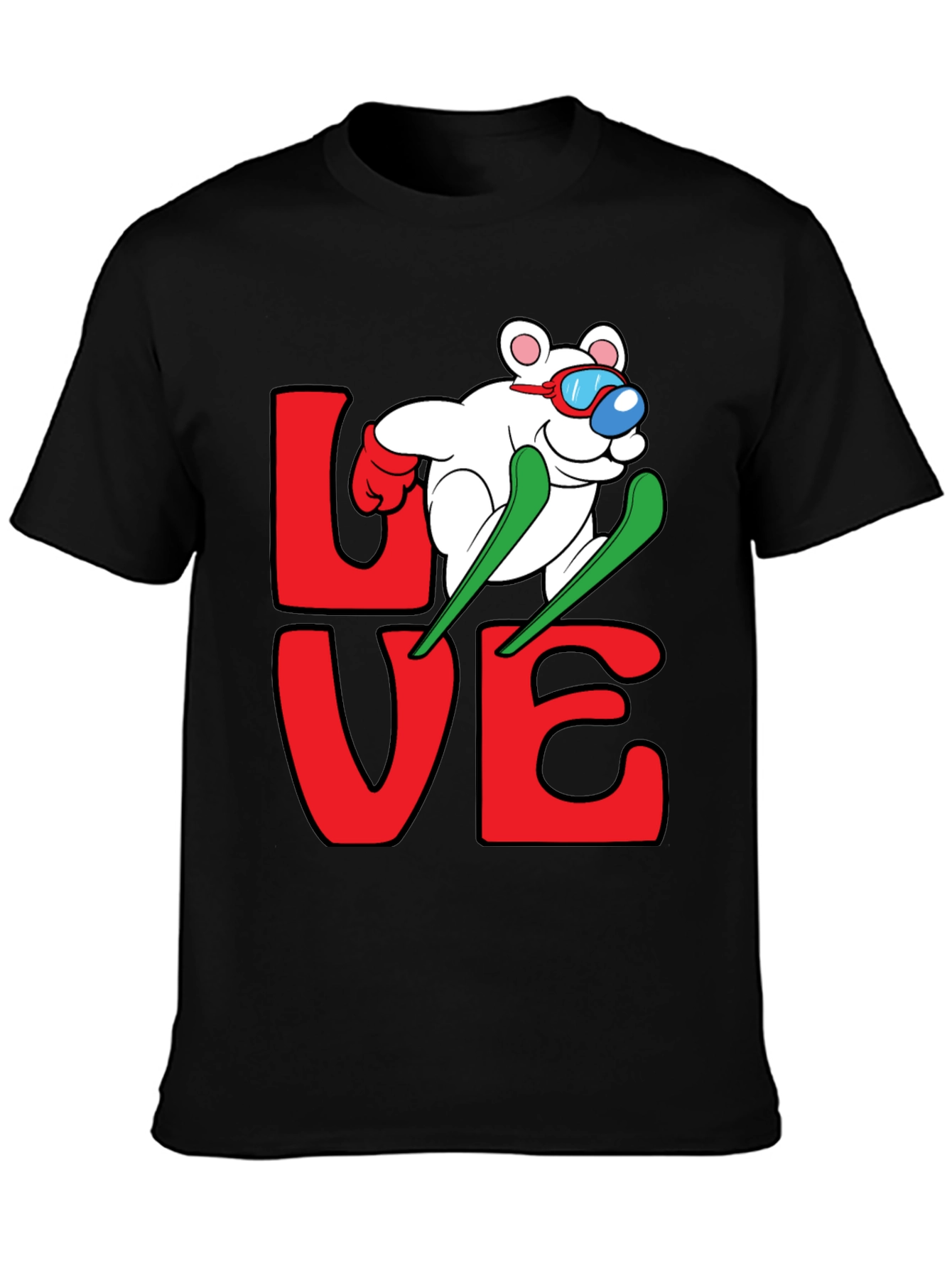 Black Skiing Bear Love Graphic Tee - Black Cotton T-Shirt view 3