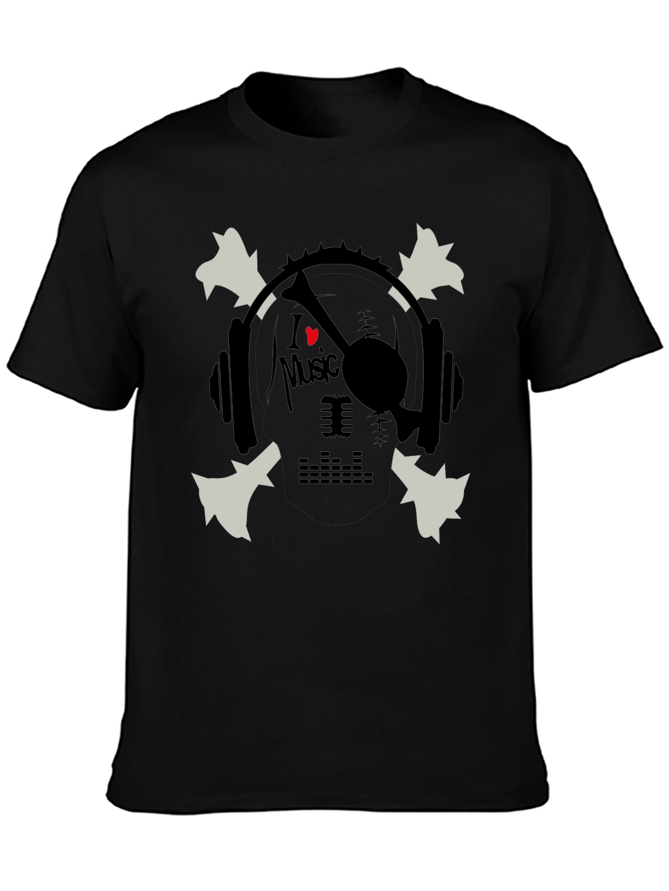 Black I Heart Music Skull & Headphones Graphic T-Shirt view 3