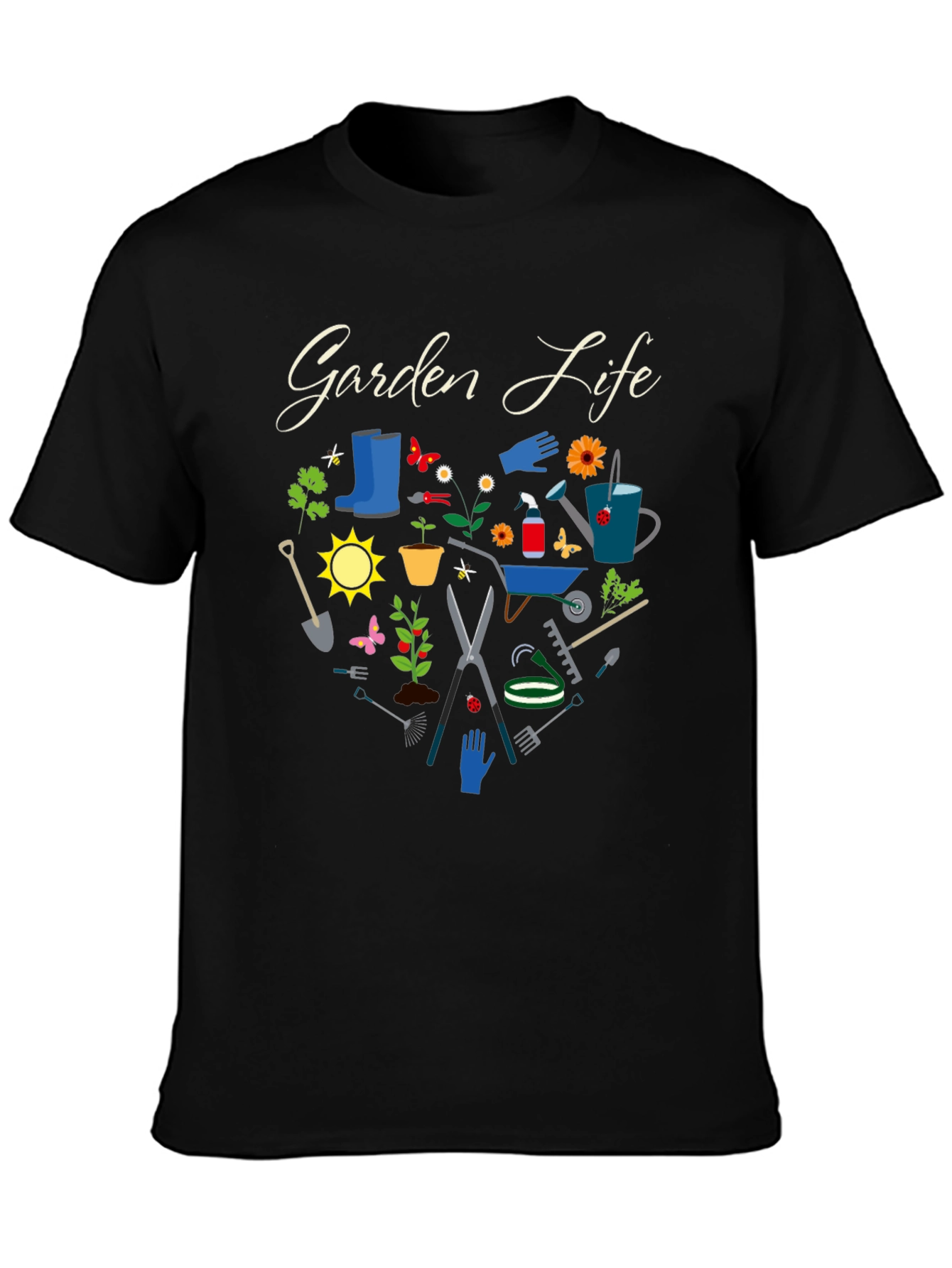 Black Garden Life Black T-Shirt: Gardening Tools Graphic Tee view 3
