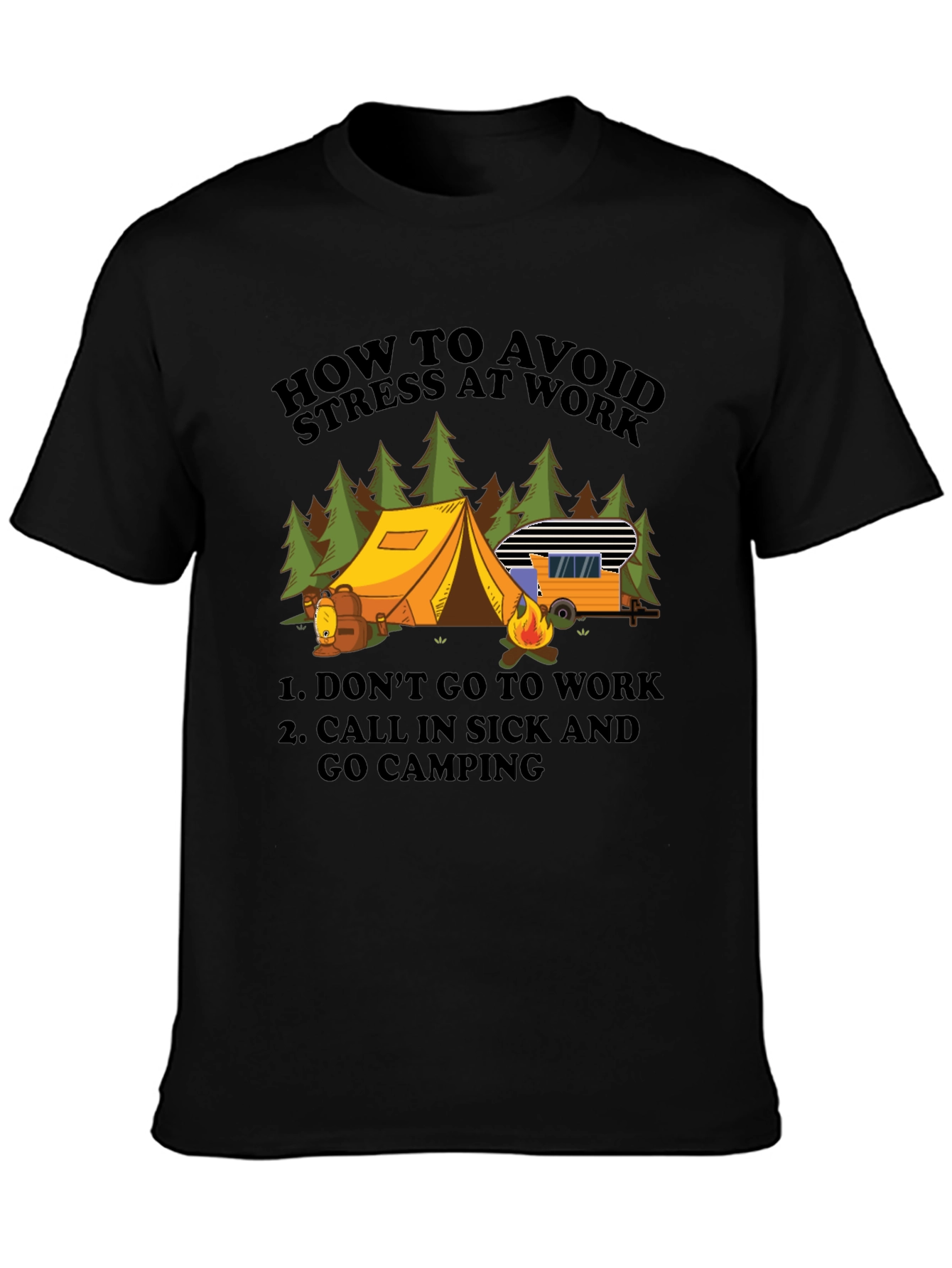 Black Avoid Stress Camping T-Shirt - Funny Vacation Tee view 3