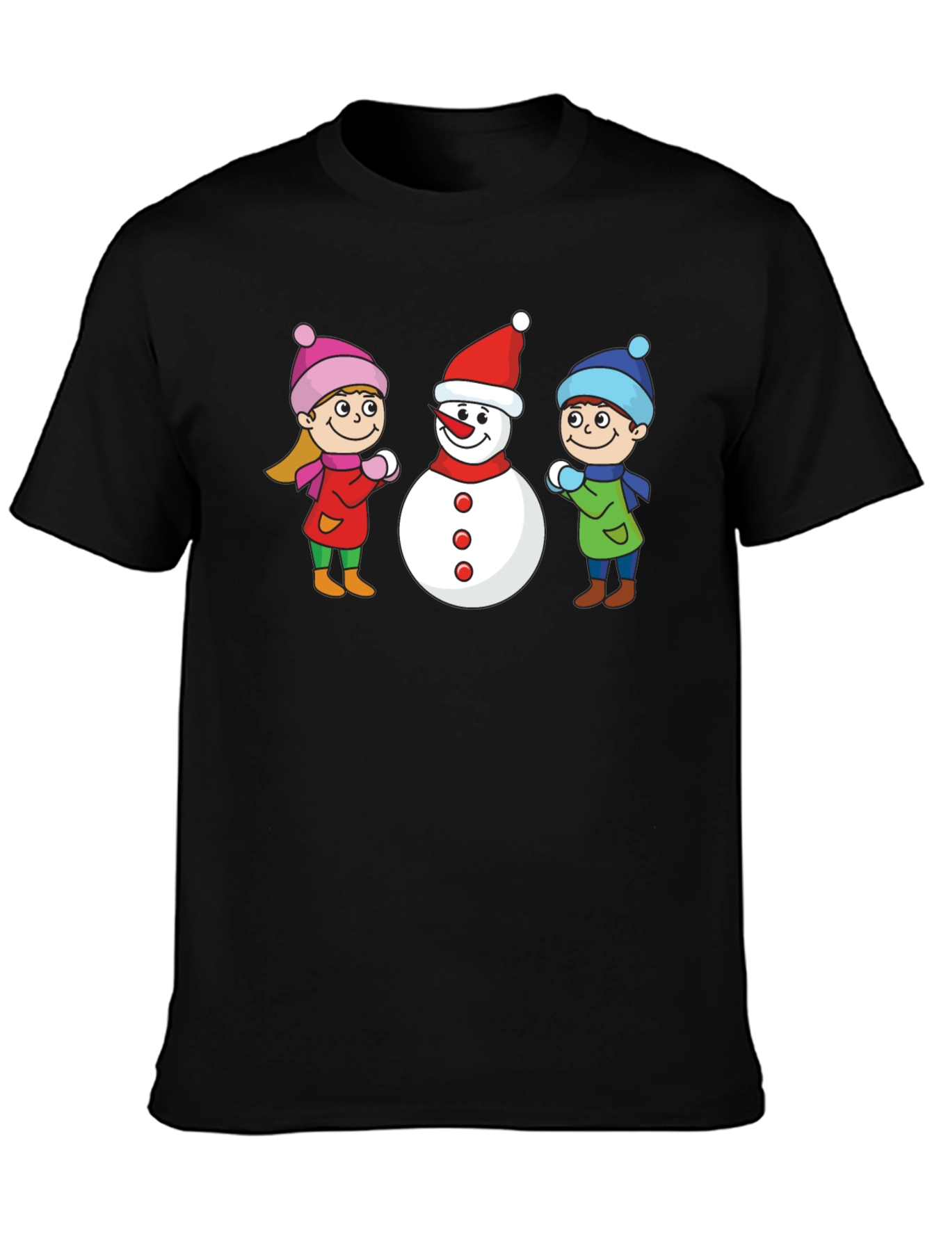Black Winter Fun T-Shirt: Snowman & Kids Graphic Tee view 3