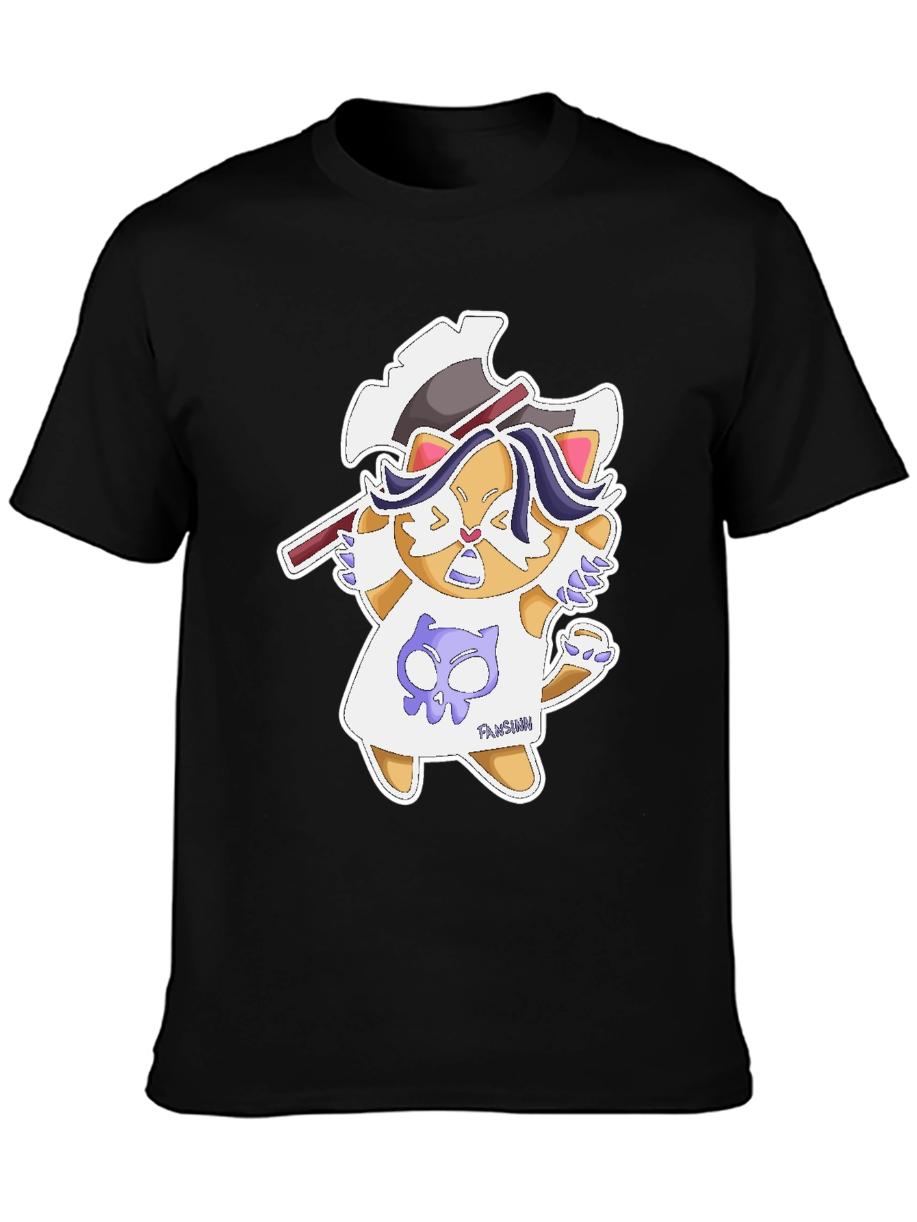 Black Cartoon Cat Axe T-Shirt - Fun Graphic Tee view 3