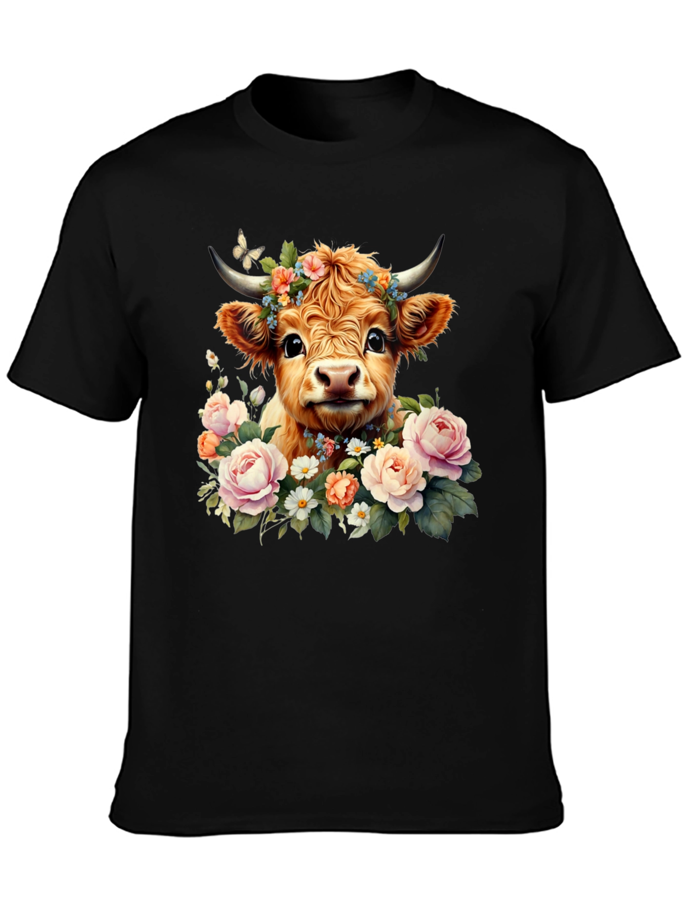 Black Cute Cow with Flowers Black T-Shirt view 3