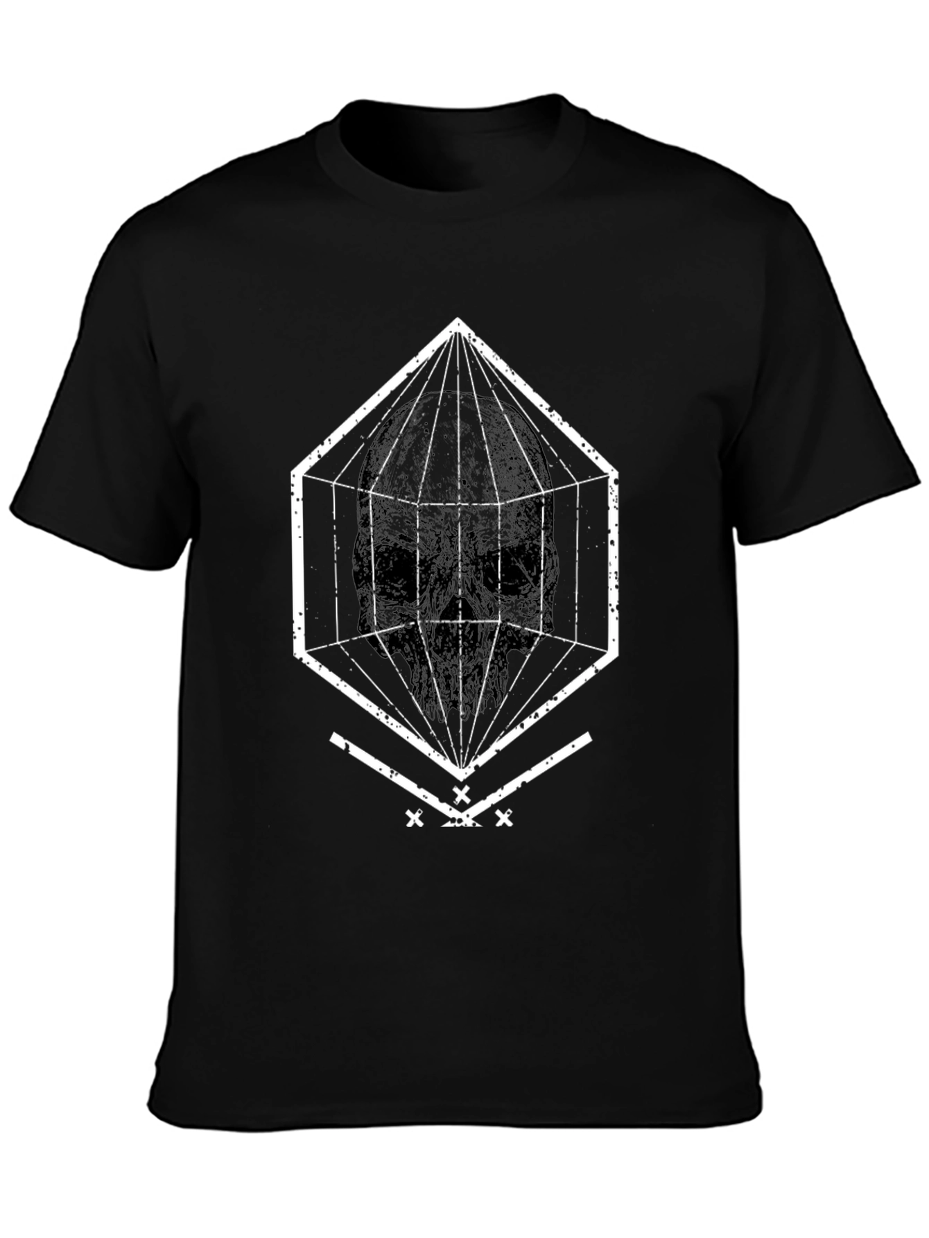 Black Geometric Skull Graphic Tee - Black view 3