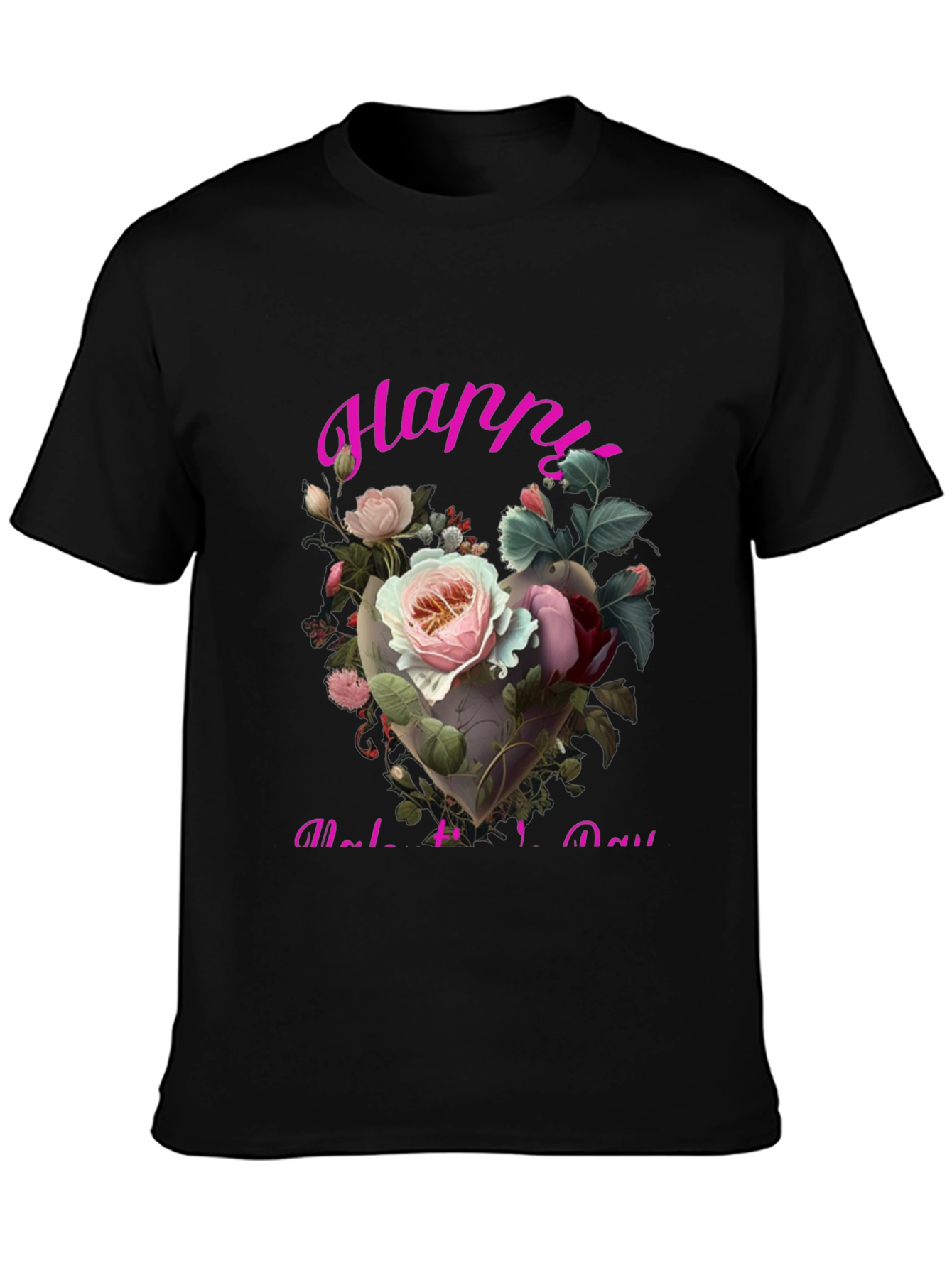 Black Floral Heart Happy Mother's Day T-Shirt view 3