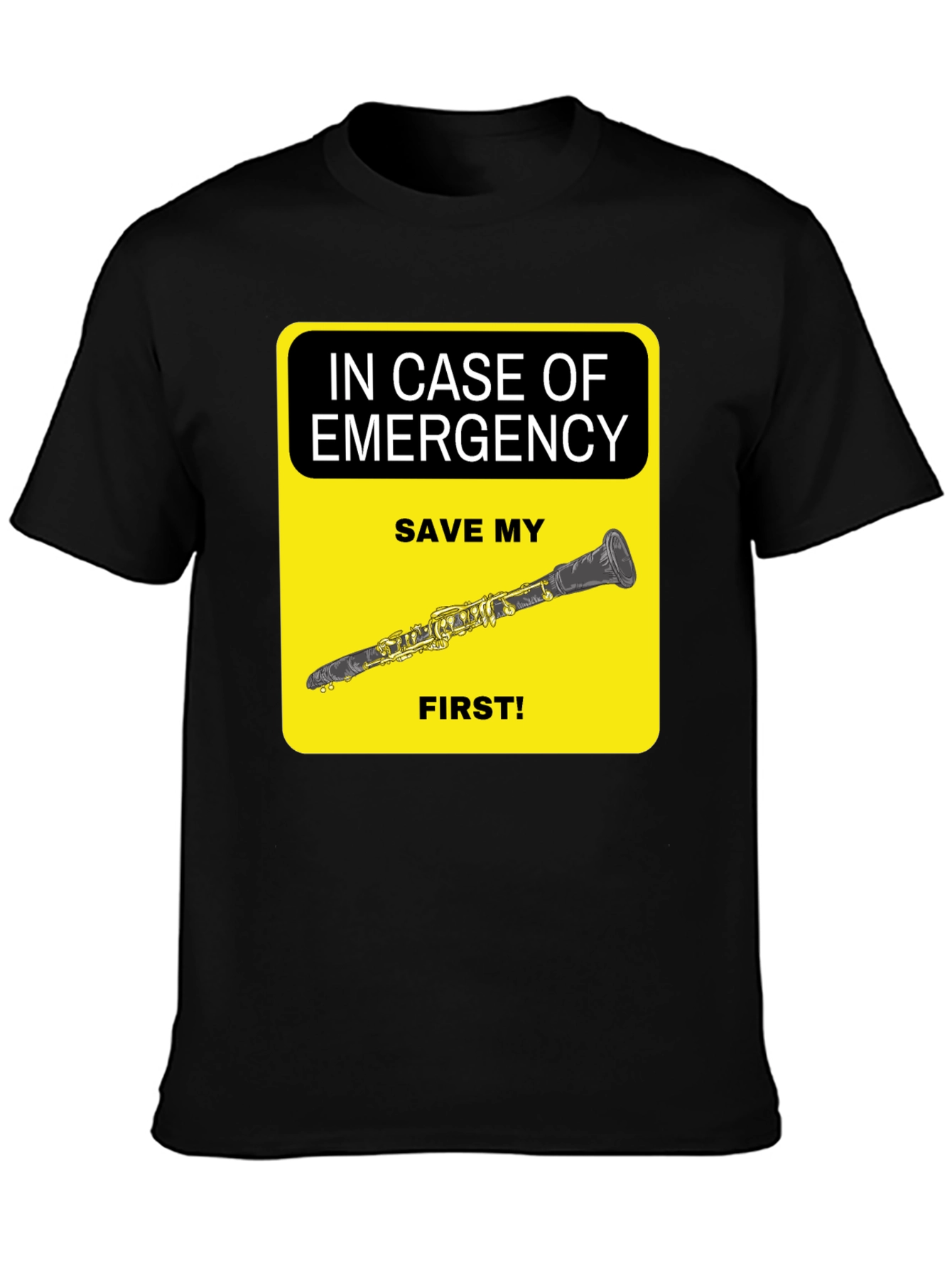 Black Emergency Clarinet T-Shirt - Save My Clarinet First! view 3
