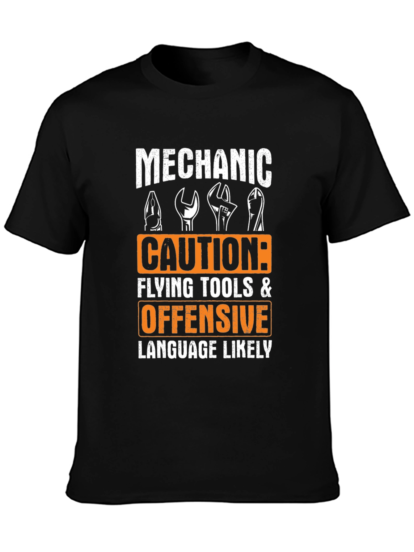 Black Mechanic Caution Offensive Language T-Shirt view 3