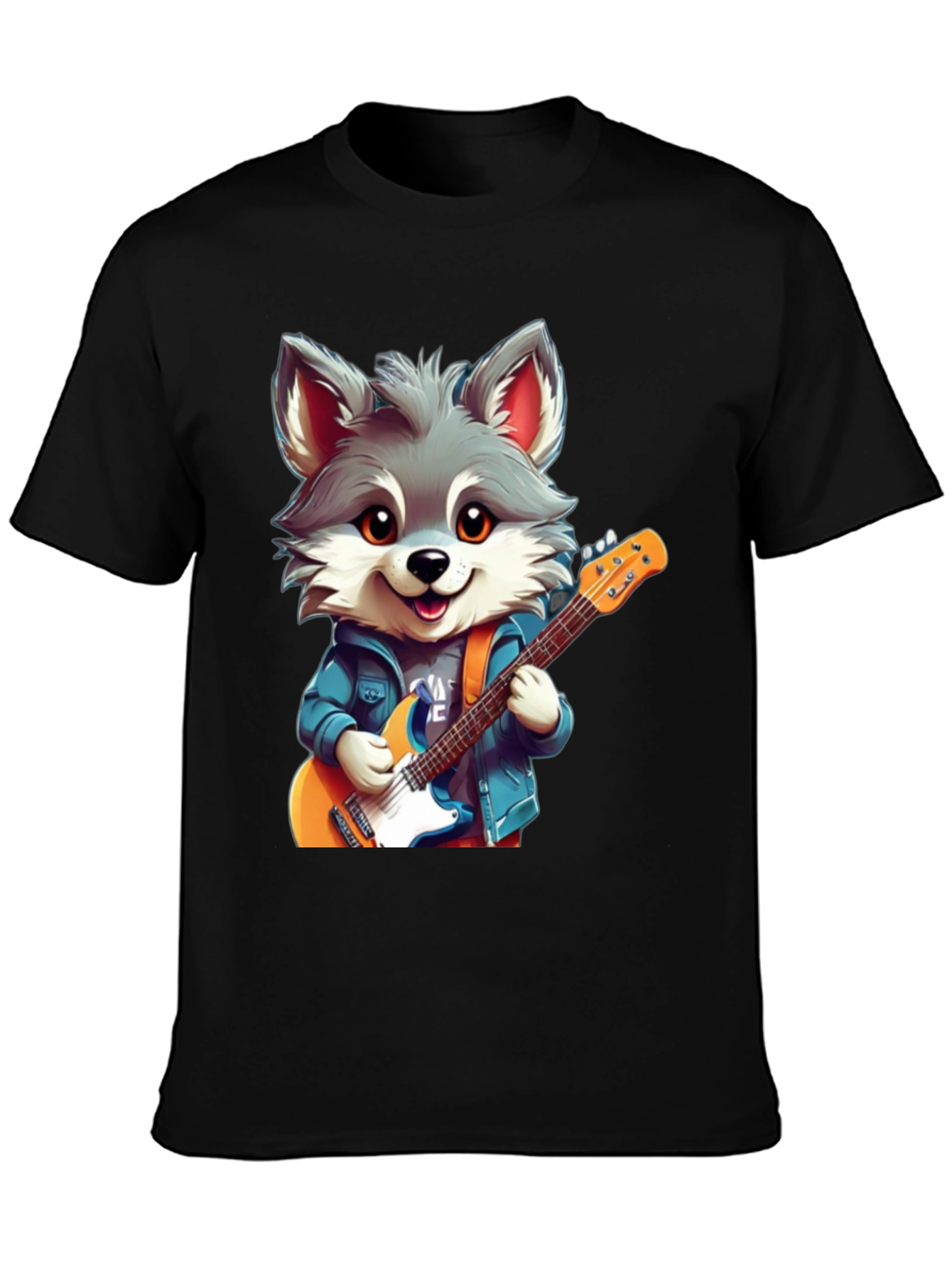 Black Cute Cartoon Wolf Guitarist Graphic Tee view 3