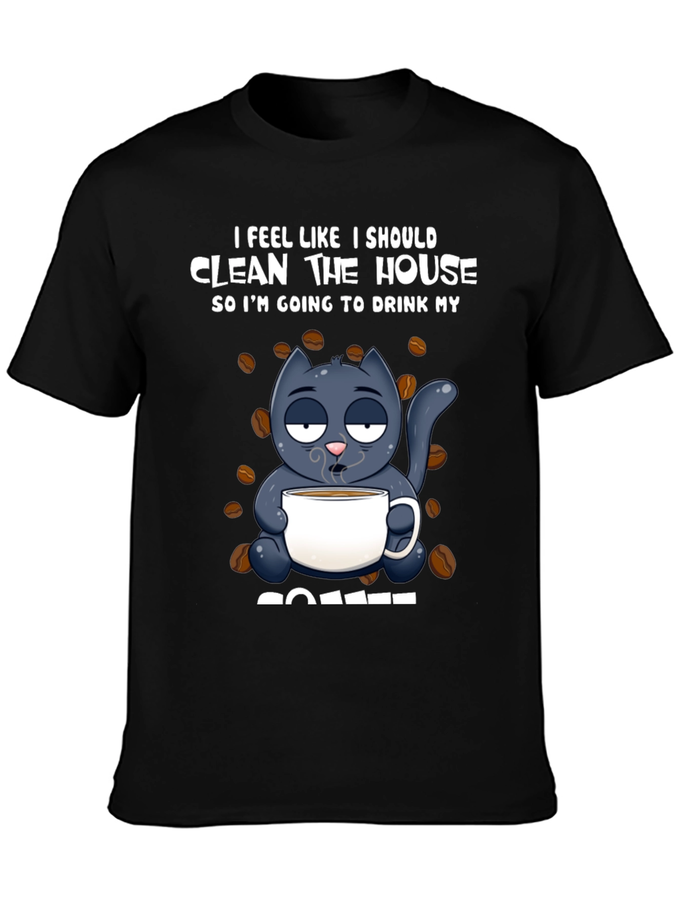 Black Humorous Cat & Coffee Graphic T-Shirt view 3