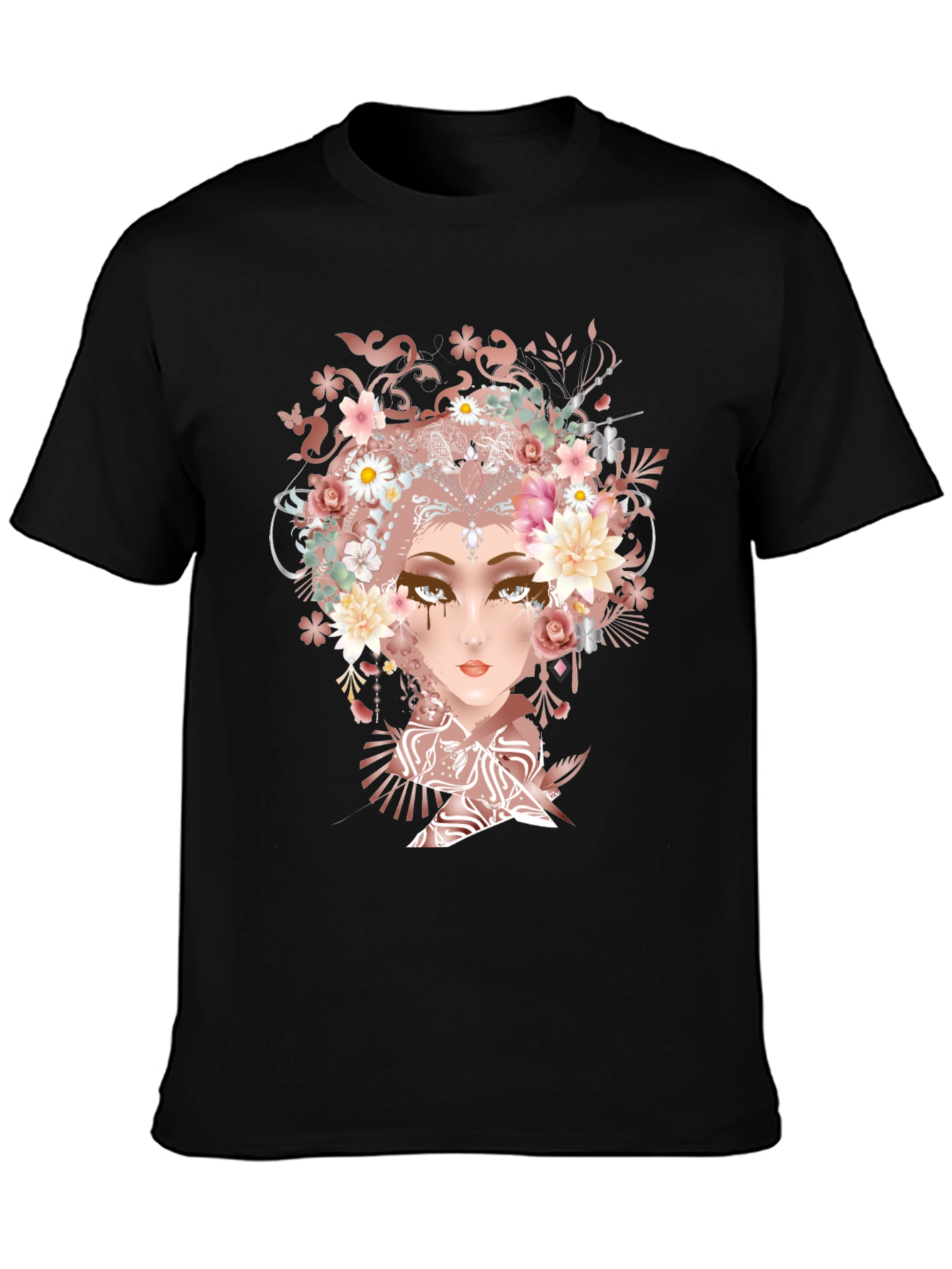 Black Floral Goddess Graphic Tee - Black Cotton T-Shirt view 3