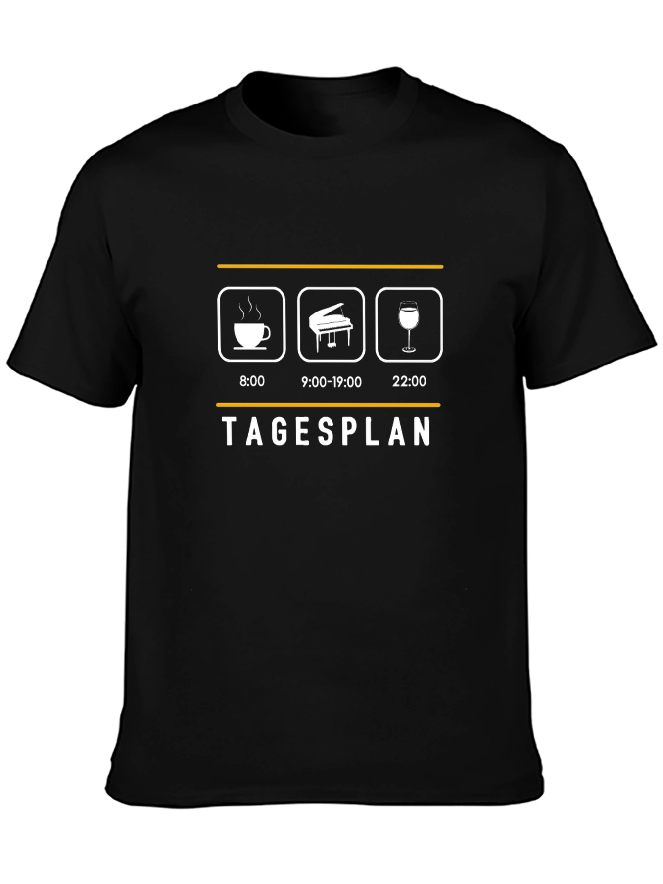 Black Tagesplan Coffee Piano Wine T-Shirt - Musician's Daily Schedule Tee view 3
