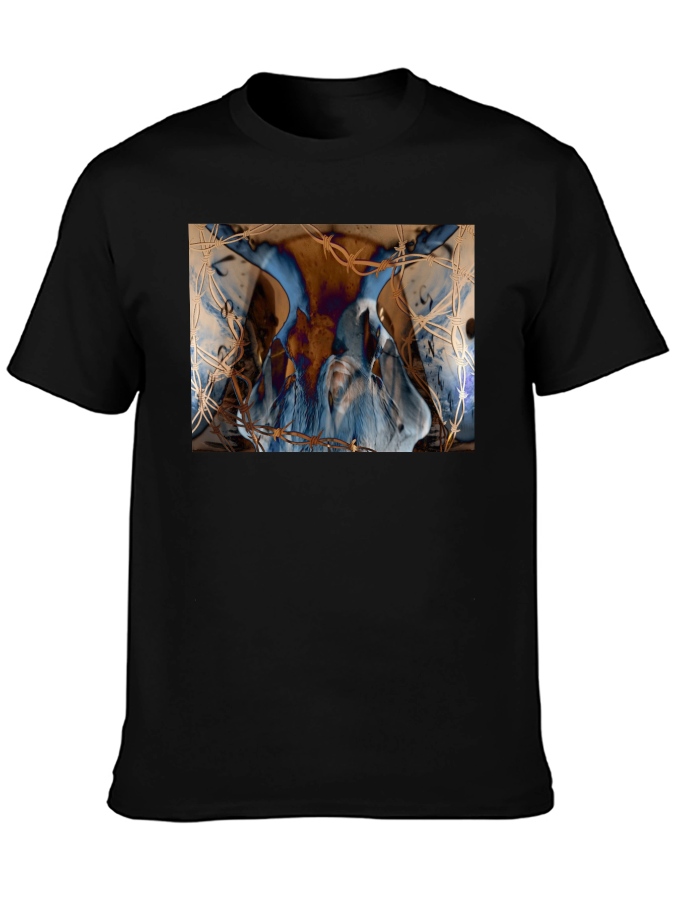 Black Artistic Blue & Brown Barbed Wire Graphic Tee view 3