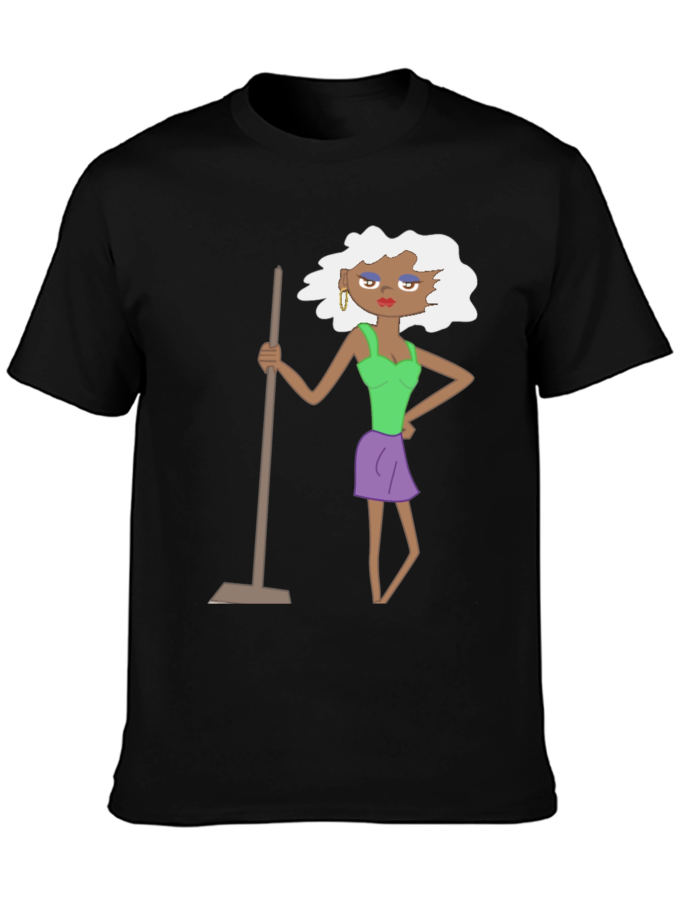 Black Funny Cartoon Woman on Black T-Shirt view 3