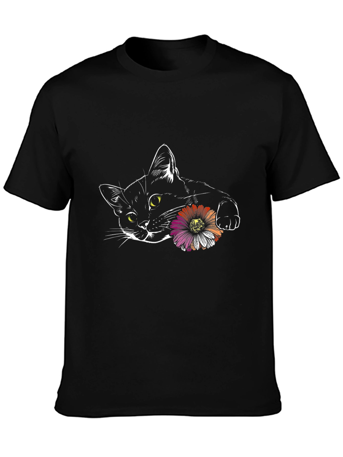 Black Black Cat with Flower Graphic Tee view 3