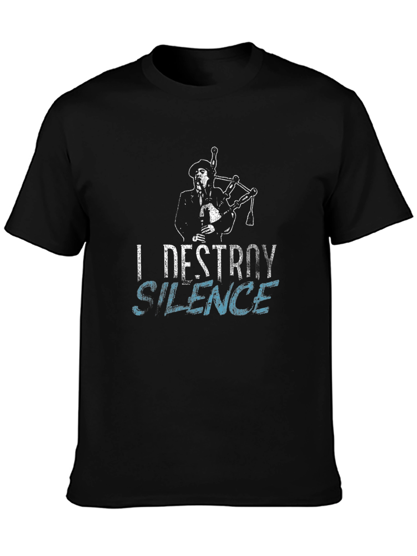 Black I Destroy Silence Graphic T-Shirt - Bagpipe Musician view 3