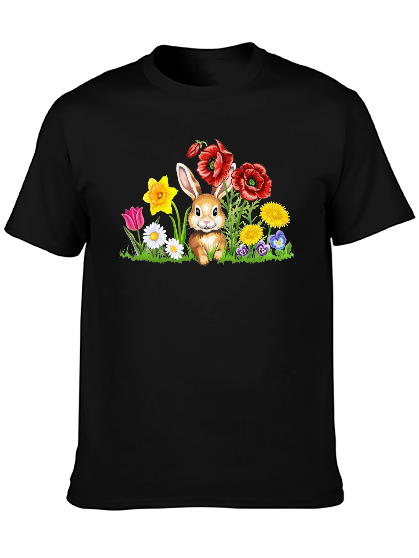 Black Cute Bunny in Flower Patch Black T-Shirt view 3