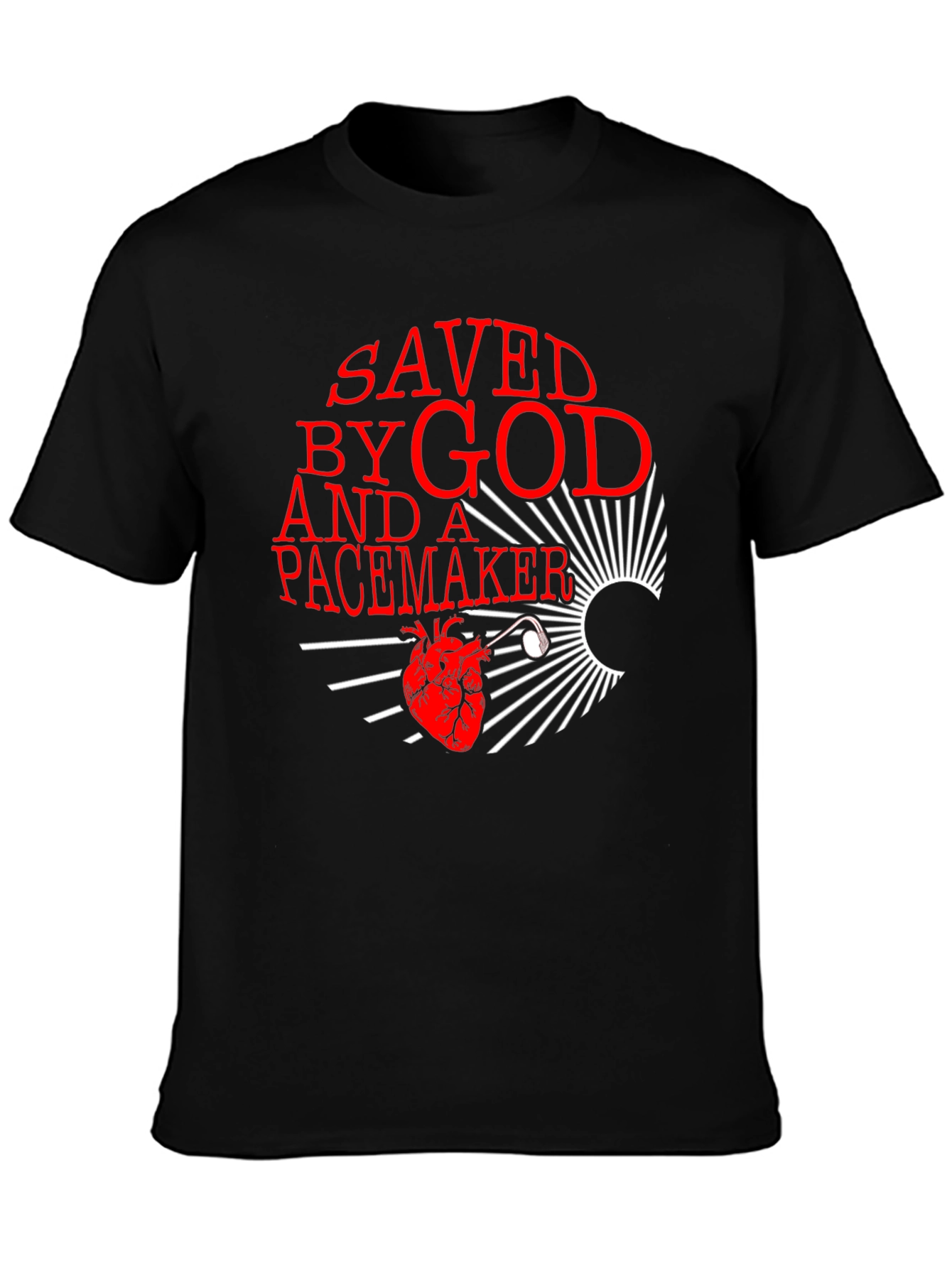 Black Saved By God and a Pacemaker Graphic T-Shirt view 3