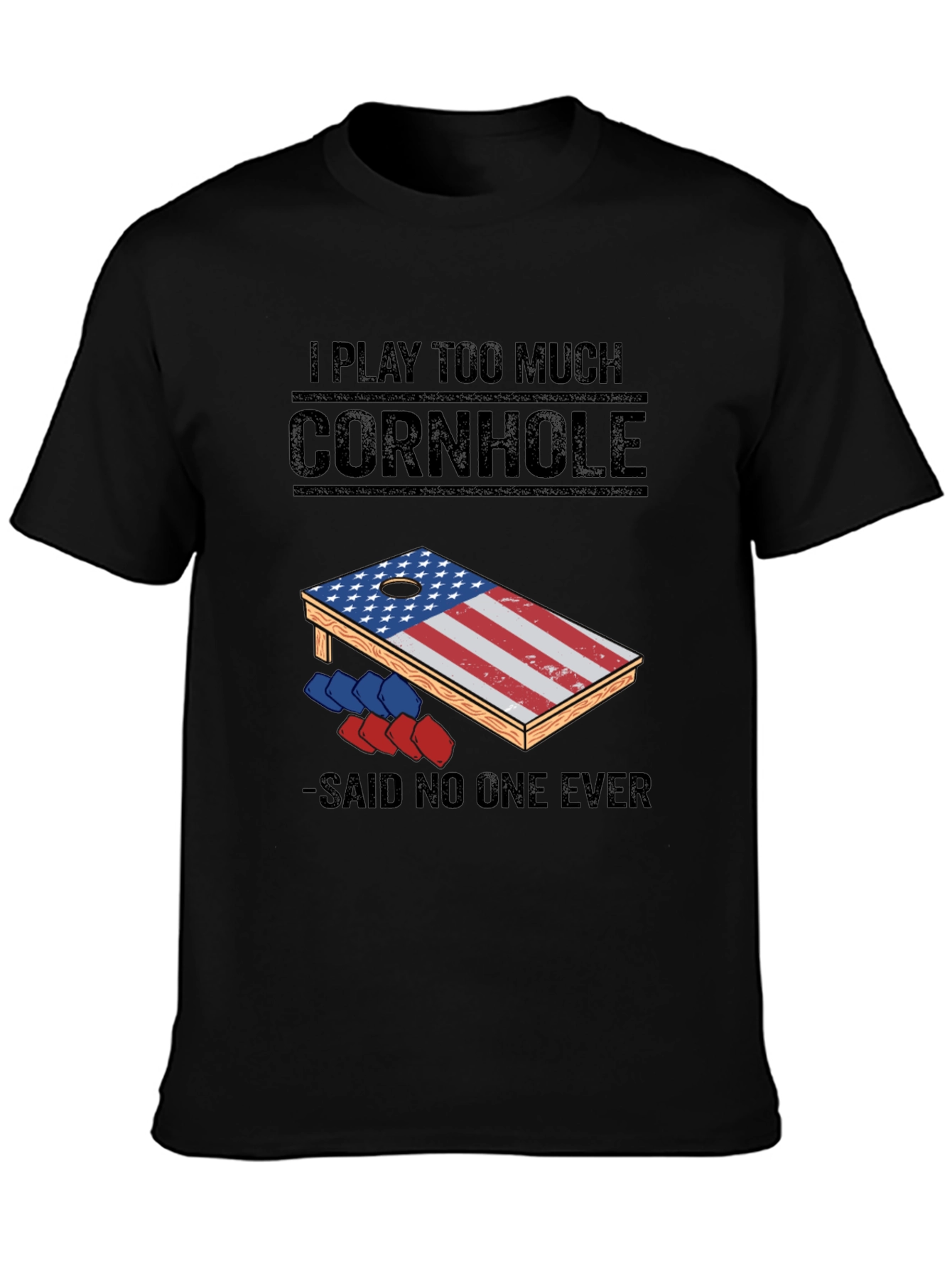Black I Play Too Much Cornhole T-Shirt view 3