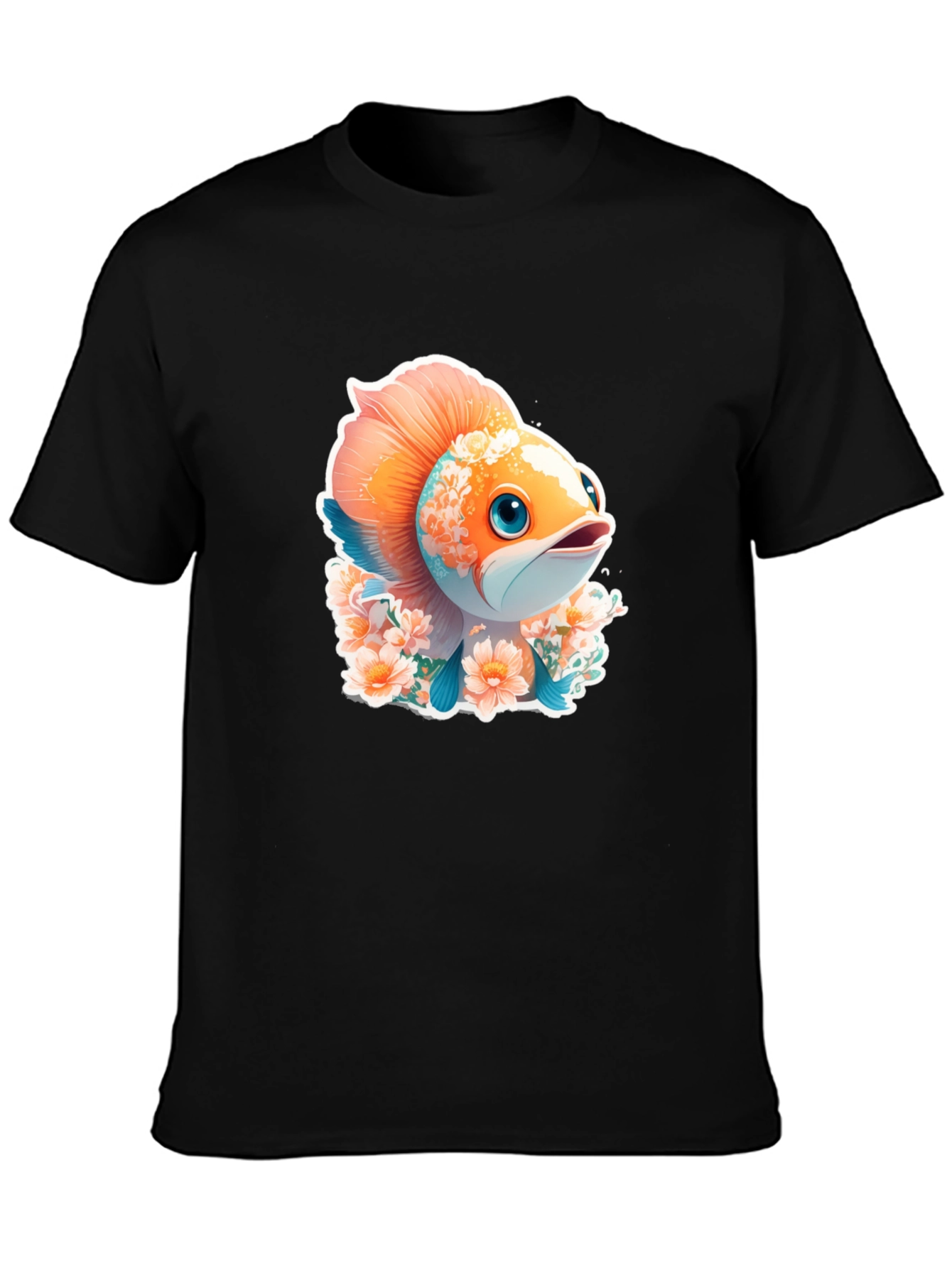 Black Cute Fish Floral Graphic Tee - Unique Design view 3