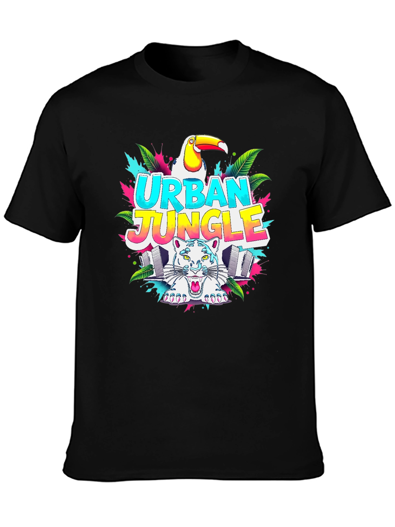 Black Urban Jungle Graphic T-Shirt - Tropical Toucan & Tiger view 3