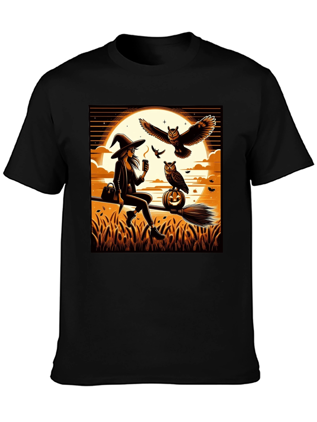 Black Witch & Owl Halloween T-Shirt view 3