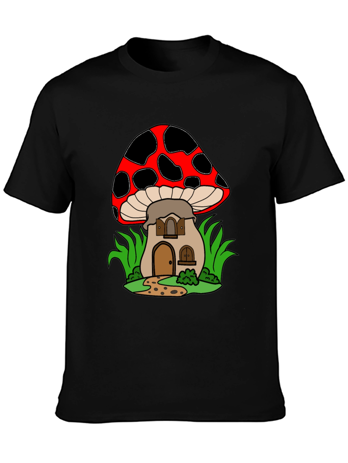 Black Mushroom House Graphic Tee - Quirky Black T-Shirt view 3