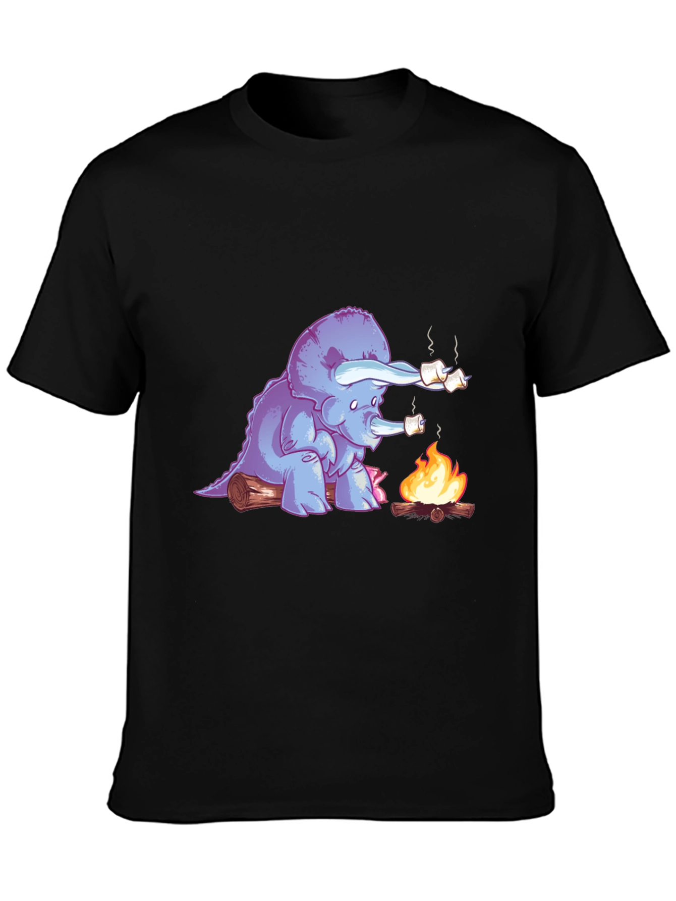 Black Dino Campfire T-Shirt - Marshmallow Roasting Triceratops  view 3