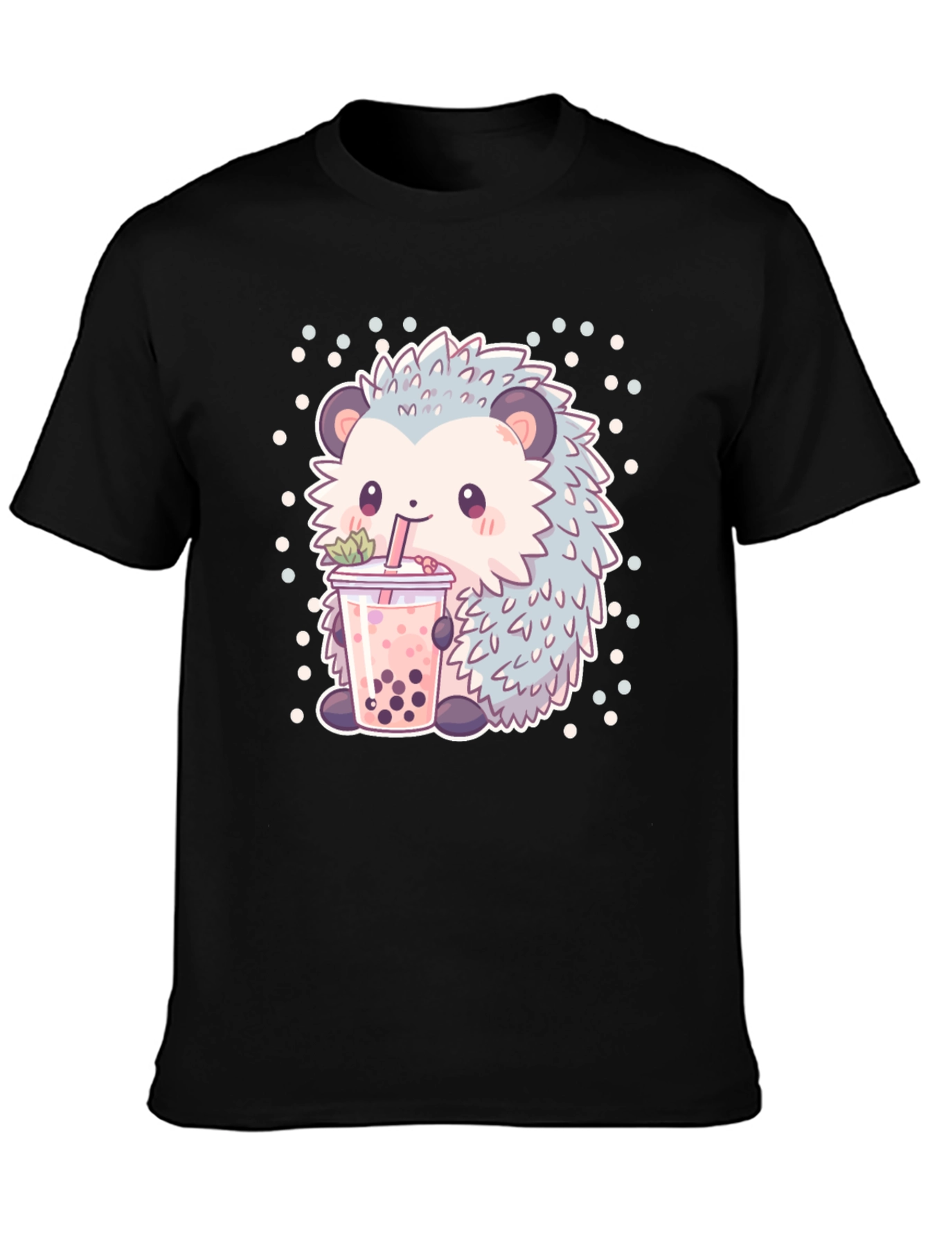 Black Cute Hedgehog Boba Tea T-Shirt view 3