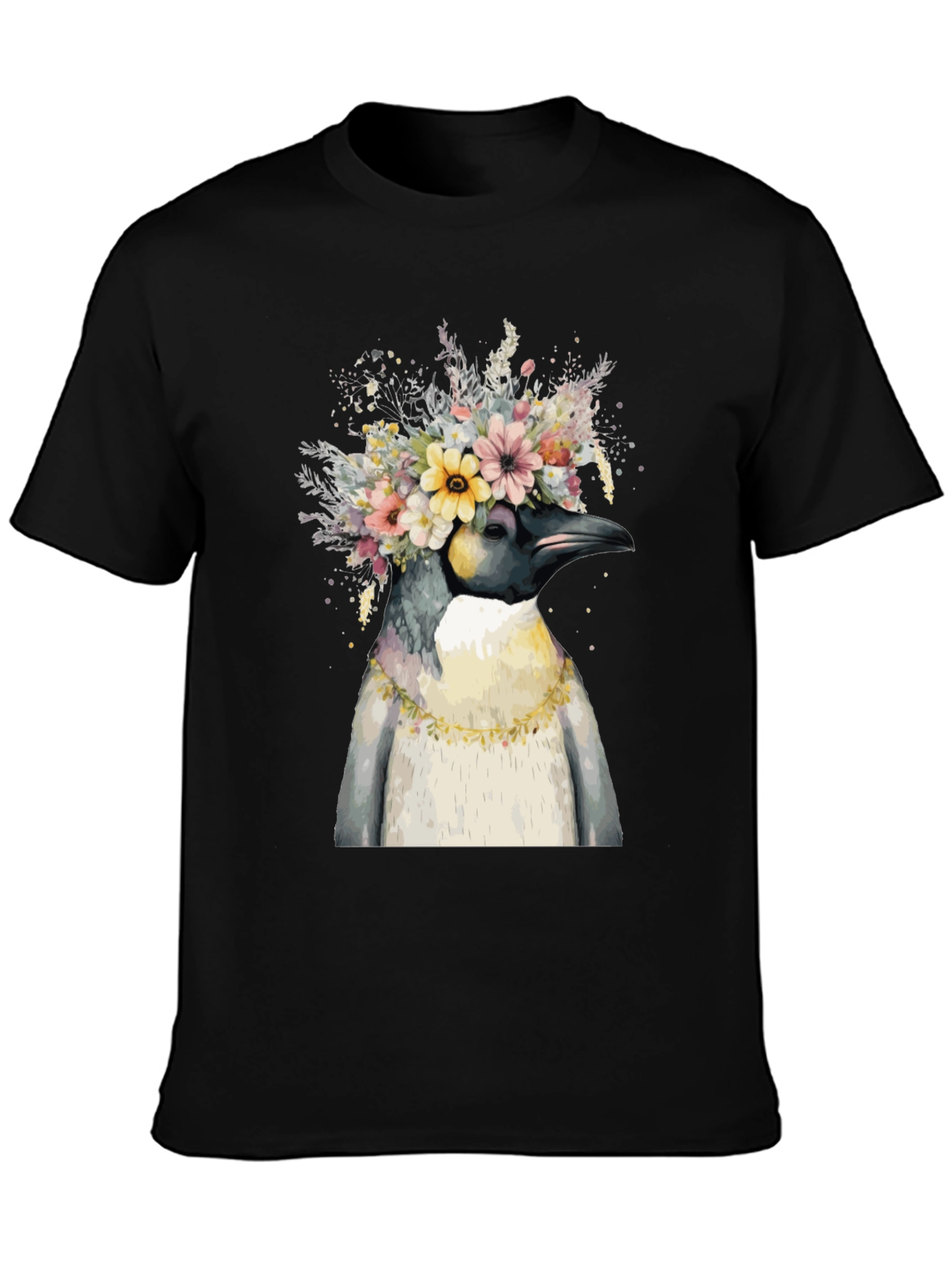 Black Penguin Floral Crown Black T-Shirt view 3