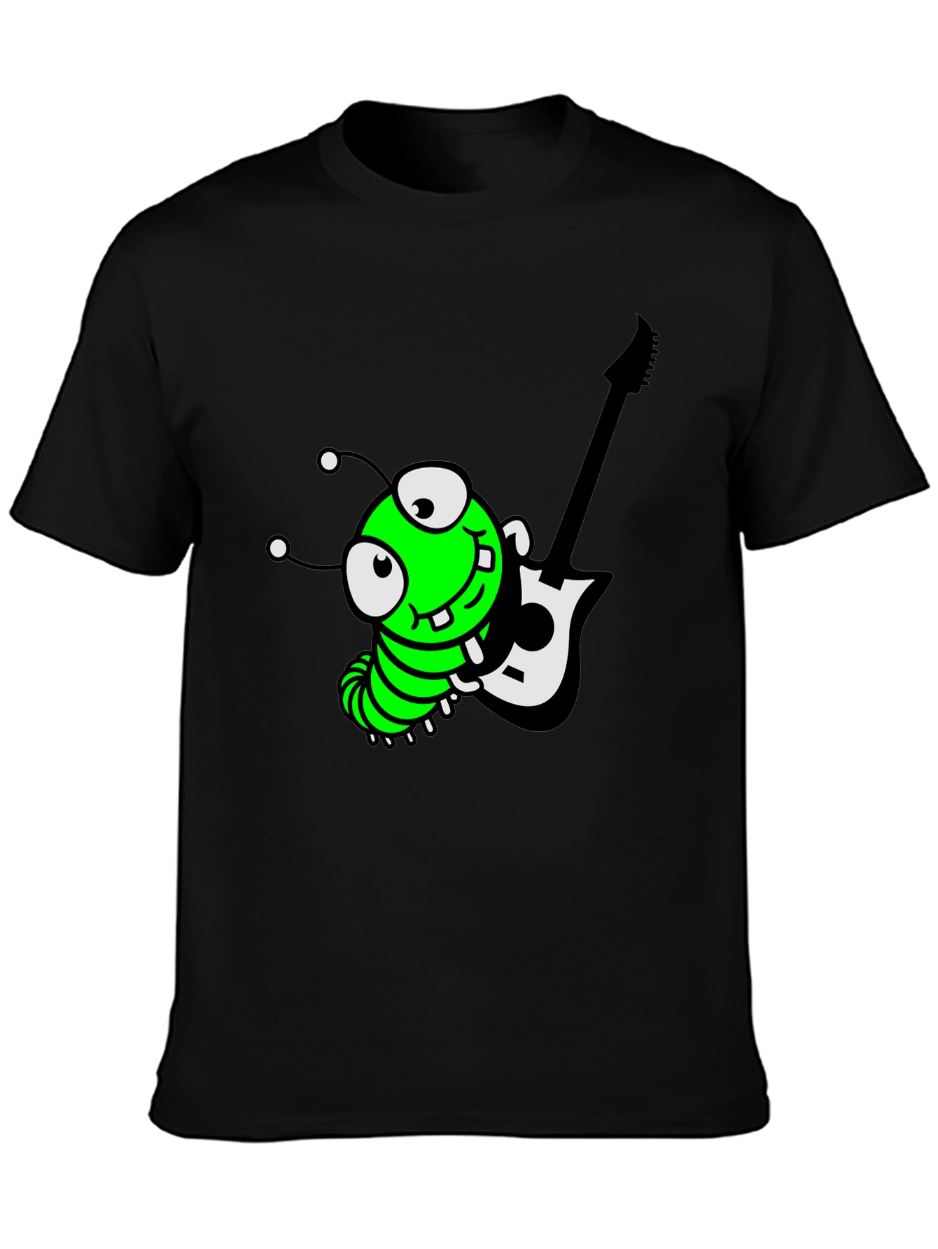 Black Cartoon Caterpillar Guitarist Graphic Tee view 3